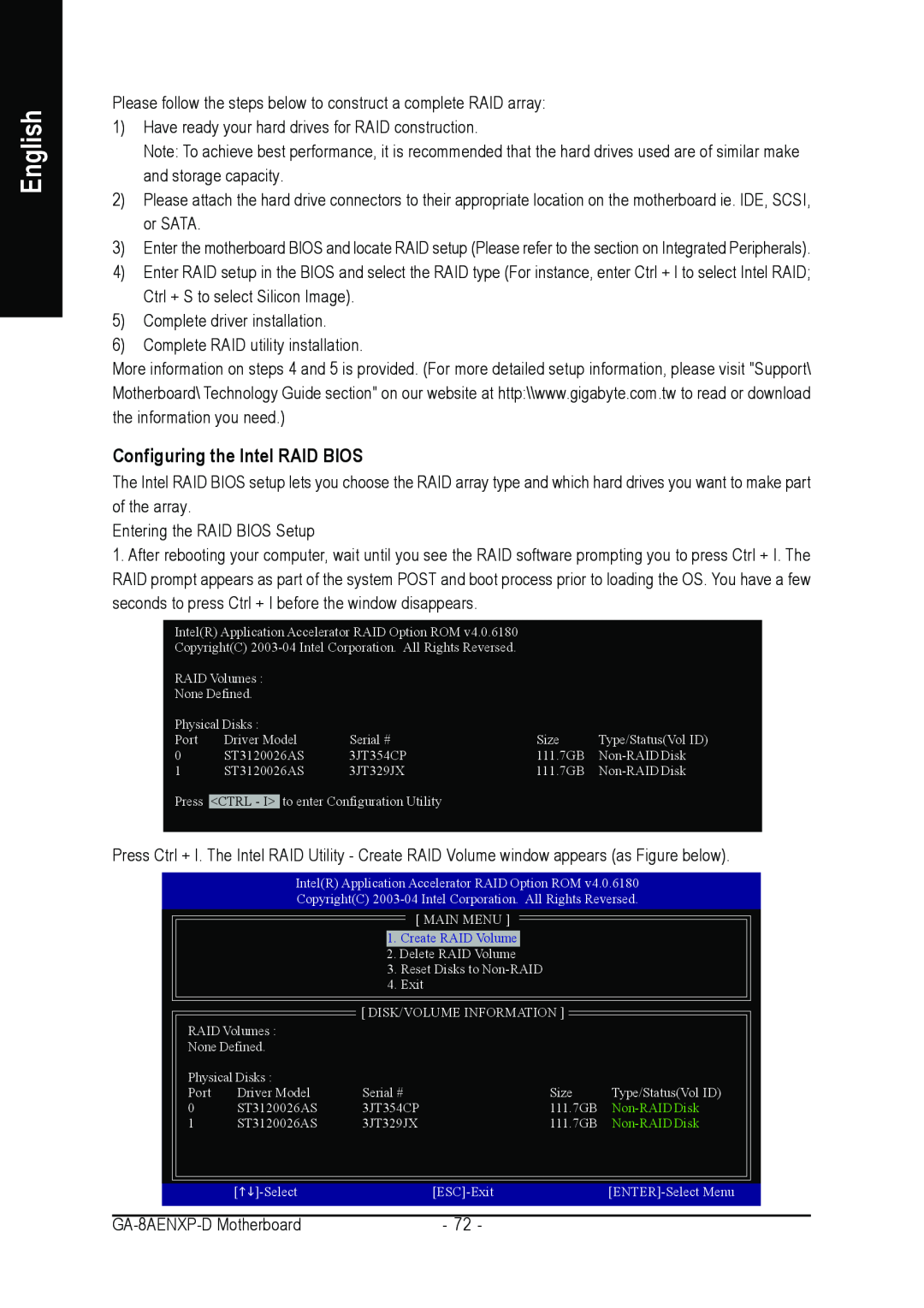 Gigabyte GA-8AENXP-D user manual Configuring the Intel RAID BIOS, English, Create RAID Volume 