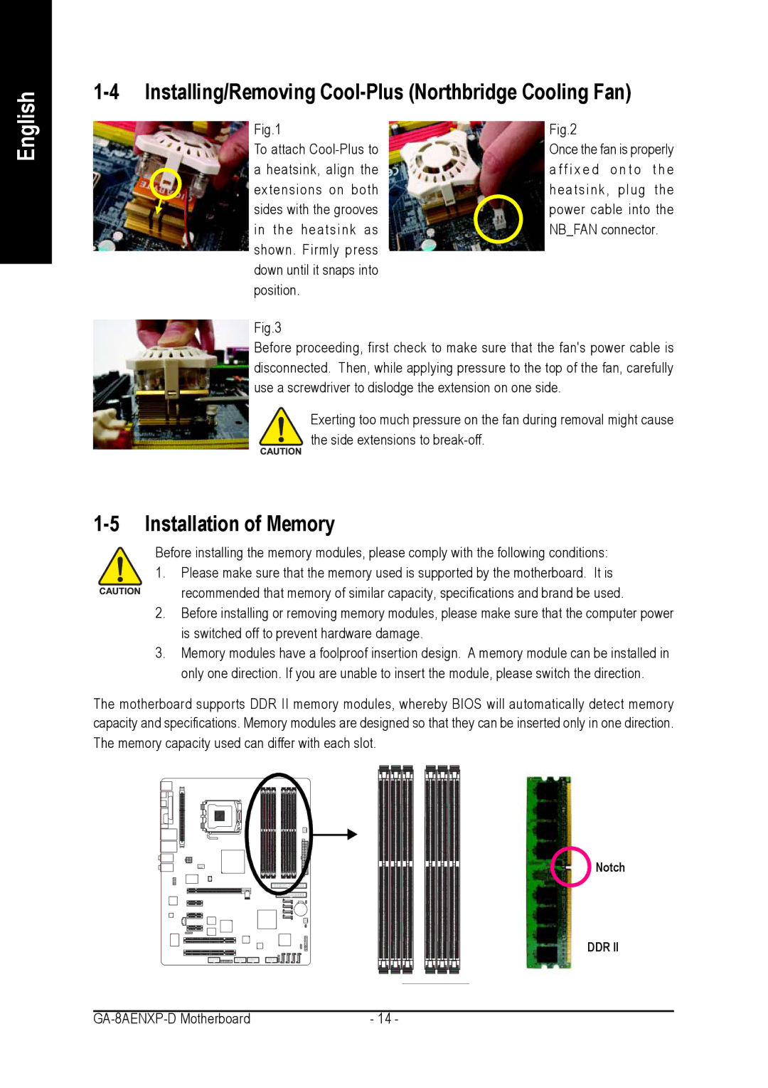 Gigabyte GA-8AENXP-D user manual Installing/Removing Cool-Plus Northbridge Cooling Fan, Installation of Memory 