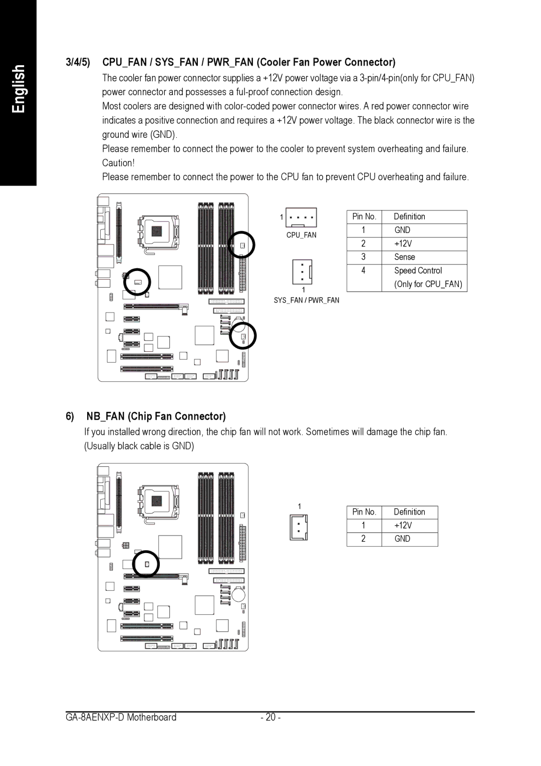 Gigabyte GA-8AENXP-D user manual Cpufan / Sysfan / Pwrfan Cooler Fan Power Connector, Nbfan Chip Fan Connector 