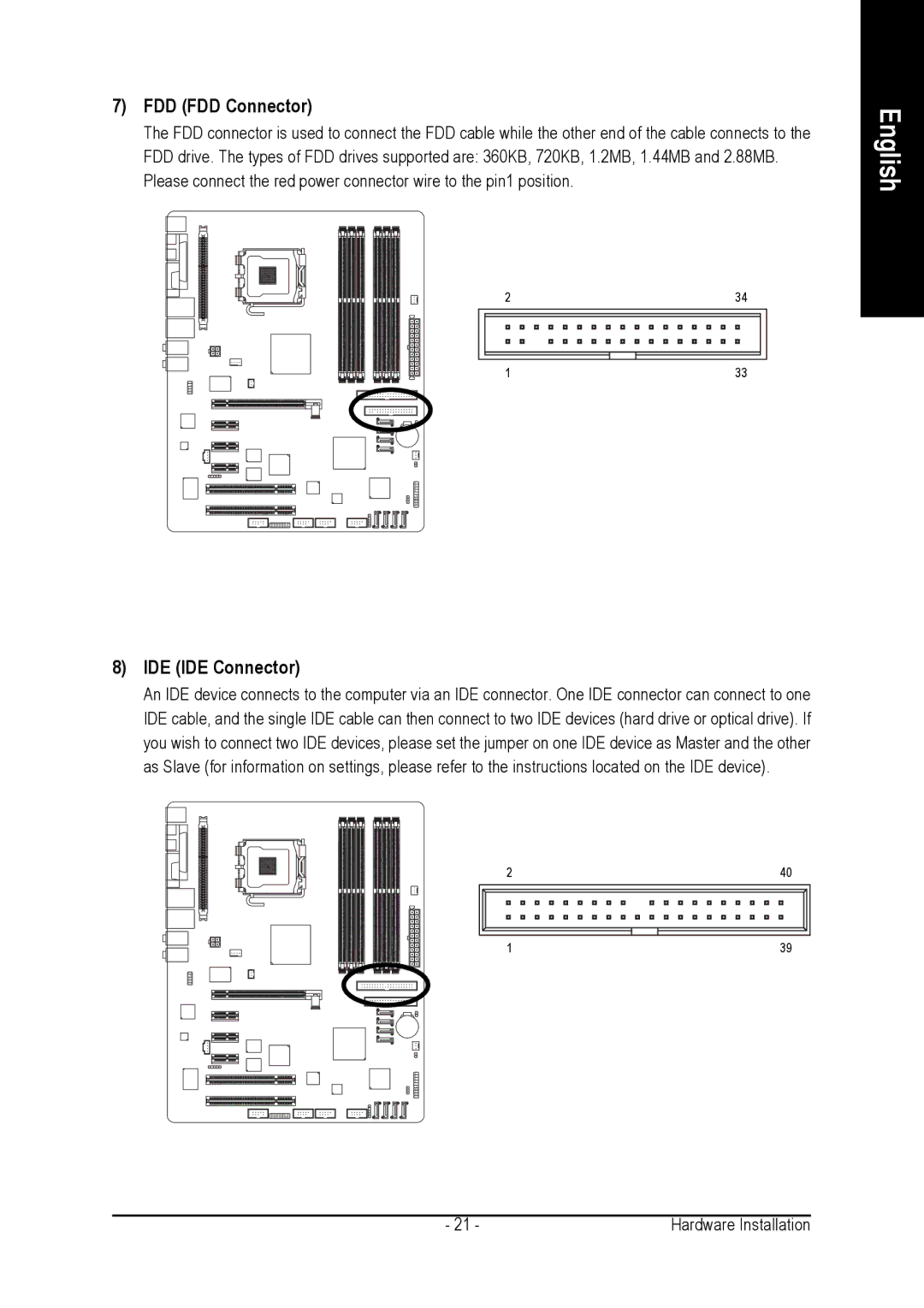 Gigabyte GA-8AENXP-D user manual FDD FDD Connector, IDE IDE Connector 