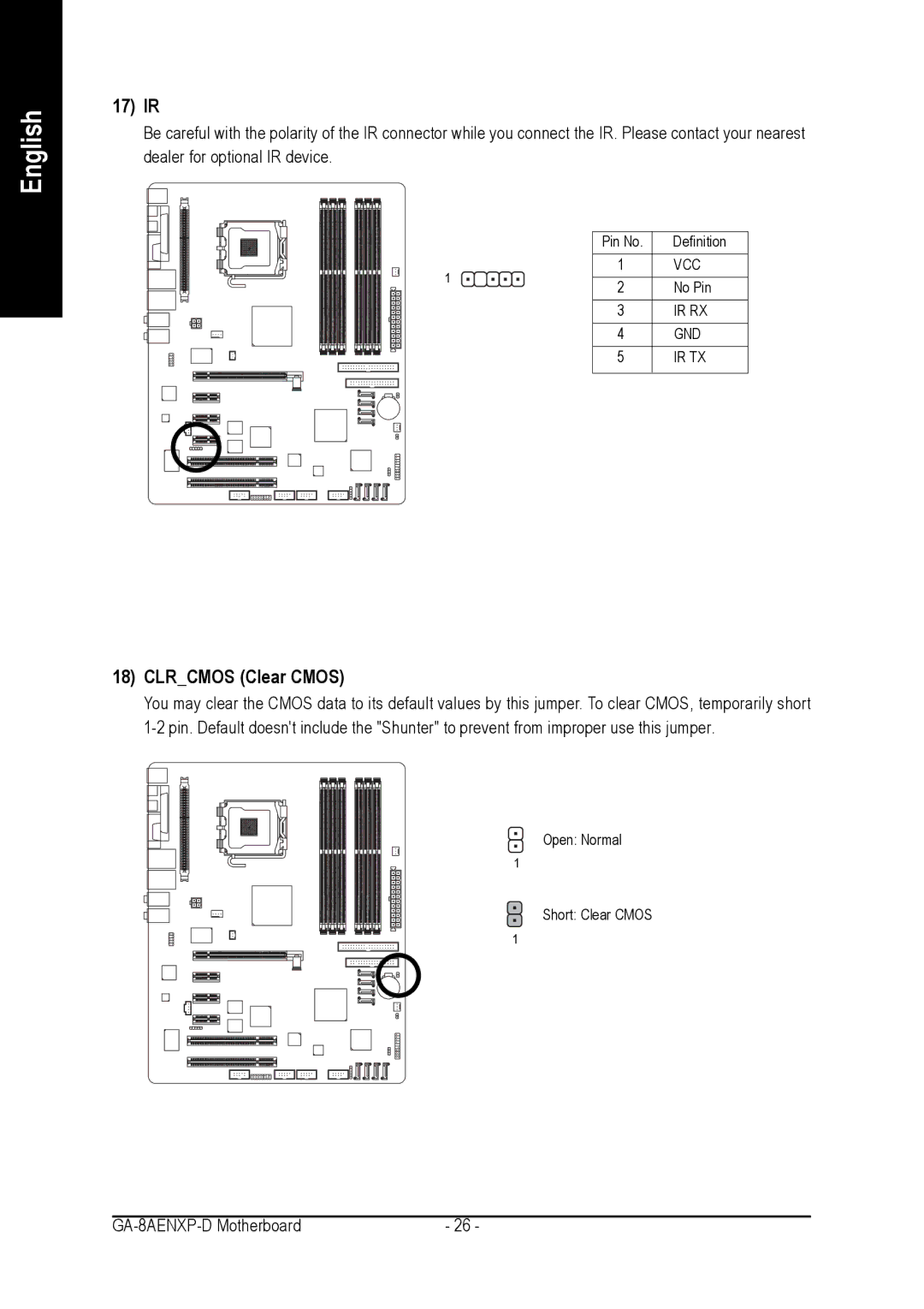 Gigabyte GA-8AENXP-D user manual 17 IR, Clrcmos Clear Cmos 