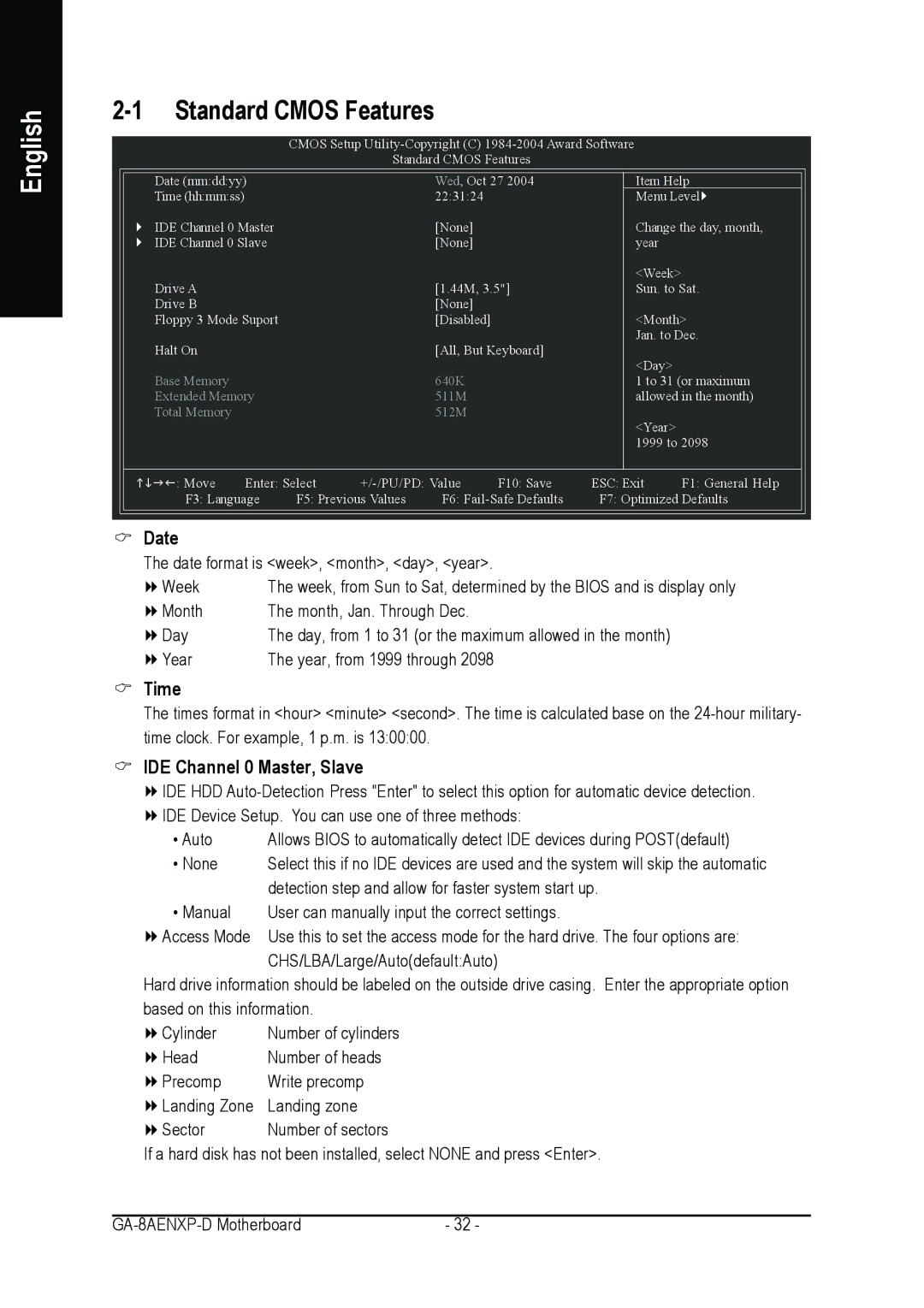 Gigabyte GA-8AENXP-D user manual Time, IDE Channel 0 Master, Slave, Detection step and allow for faster system start up 