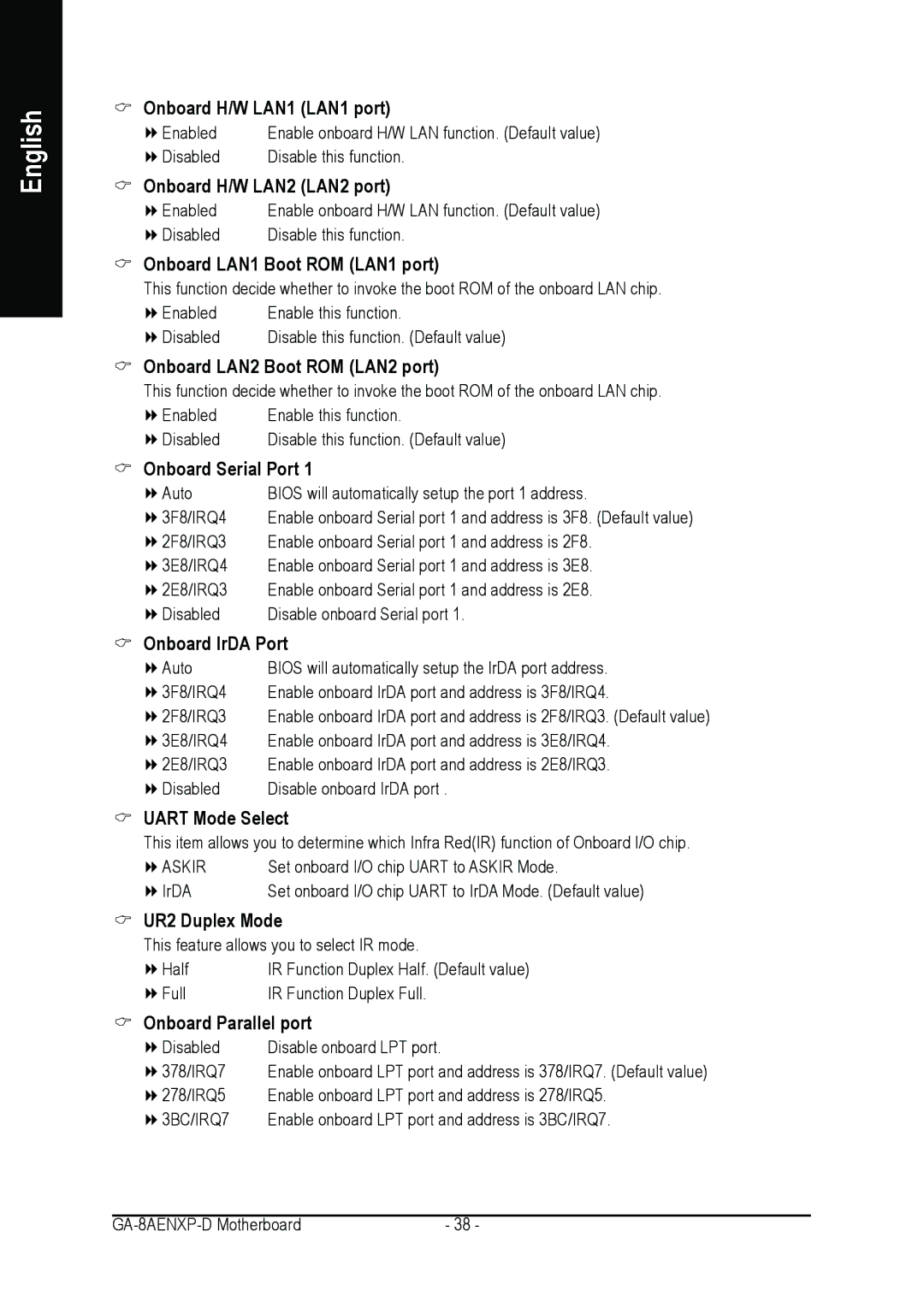 Gigabyte GA-8AENXP-D user manual Onboard H/W LAN1 LAN1 port, Onboard H/W LAN2 LAN2 port, Onboard LAN1 Boot ROM LAN1 port 