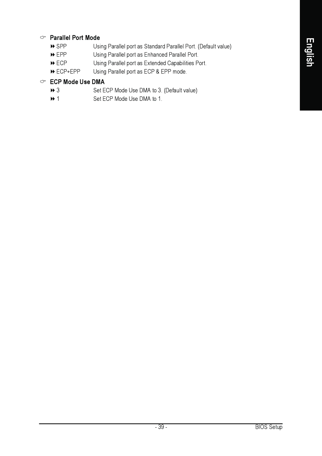 Gigabyte GA-8AENXP-D user manual Parallel Port Mode, ECP Mode Use DMA 