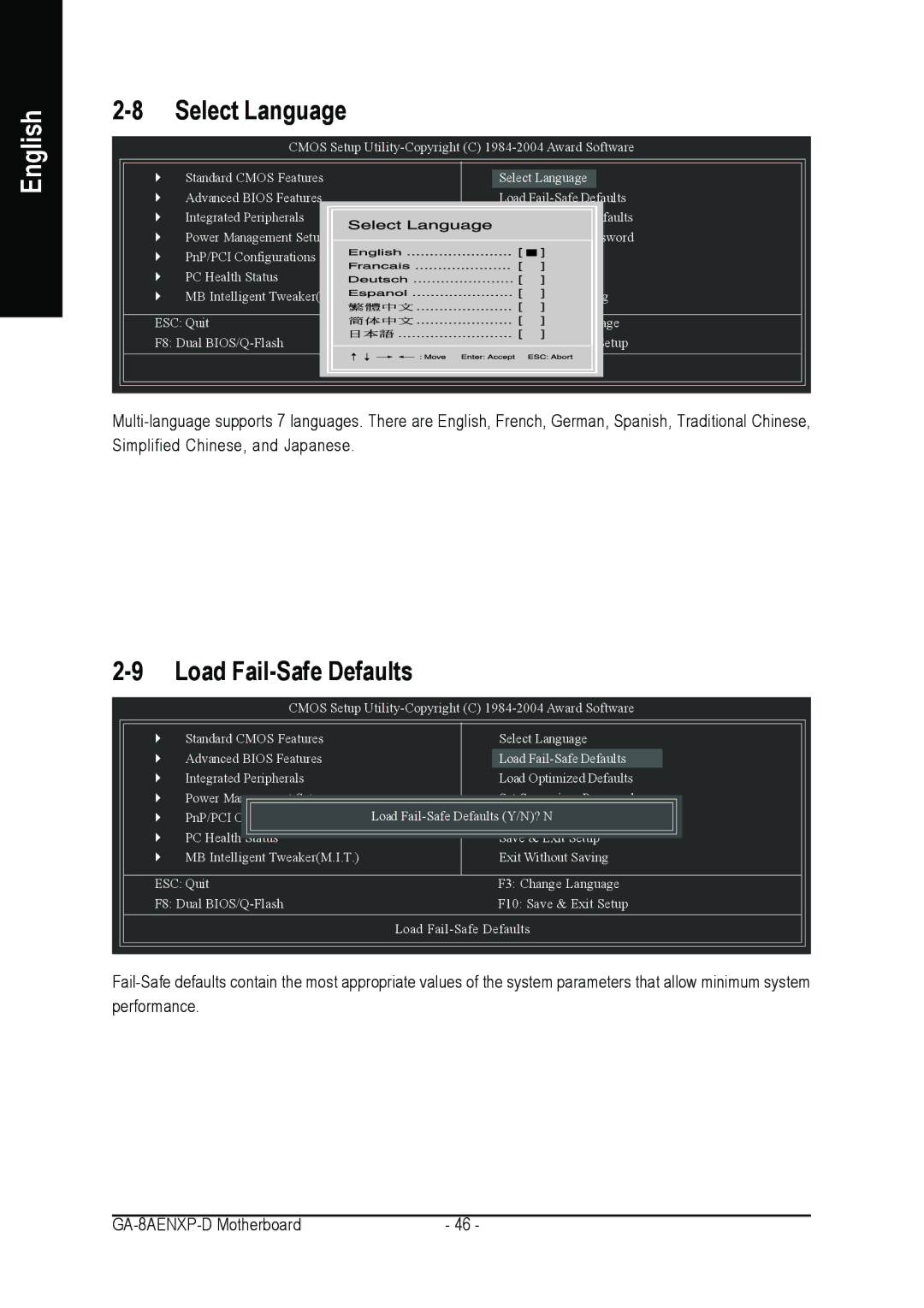 Gigabyte GA-8AENXP-D user manual Select Language, Load Fail-Safe Defaults 