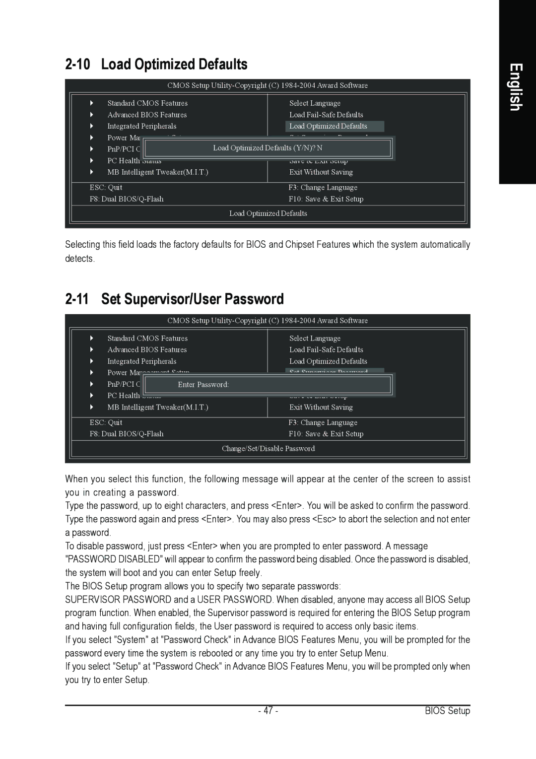 Gigabyte GA-8AENXP-D user manual Load Optimized Defaults, Set Supervisor/User Password 