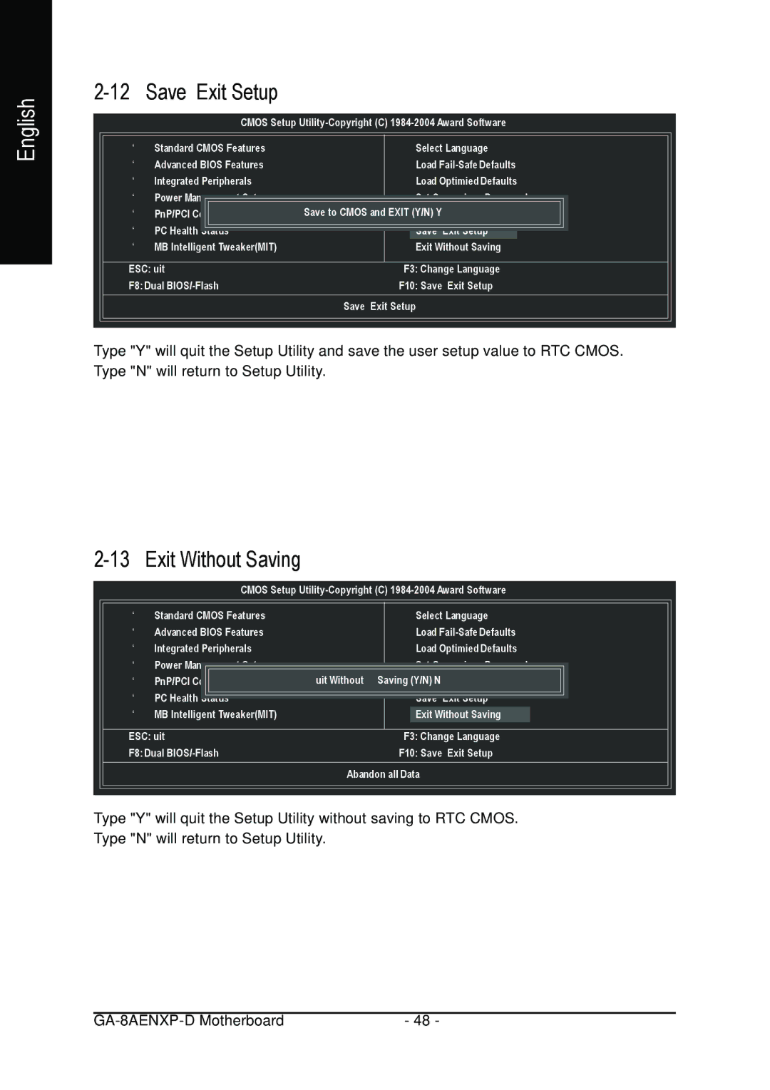 Gigabyte GA-8AENXP-D user manual Save & Exit Setup, Exit Without Saving 