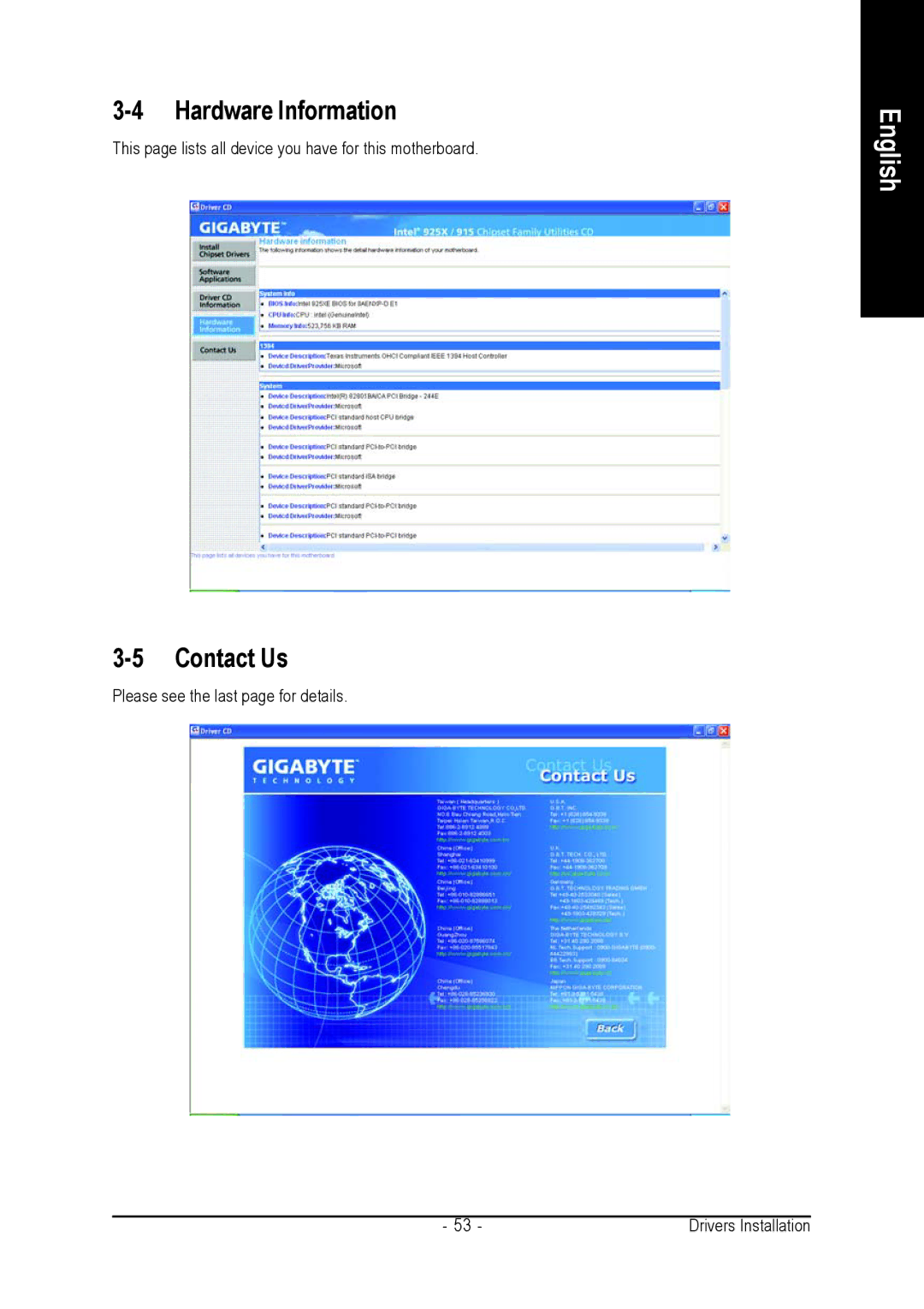 Gigabyte GA-8AENXP-D user manual Hardware Information, Contact Us, This page lists all device you have for this motherboard 