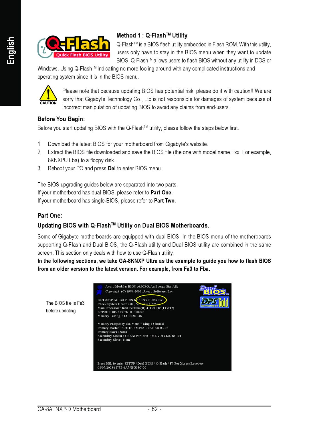 Gigabyte GA-8AENXP-D user manual Method 1 Q-FlashTMUtility, Before You Begin 