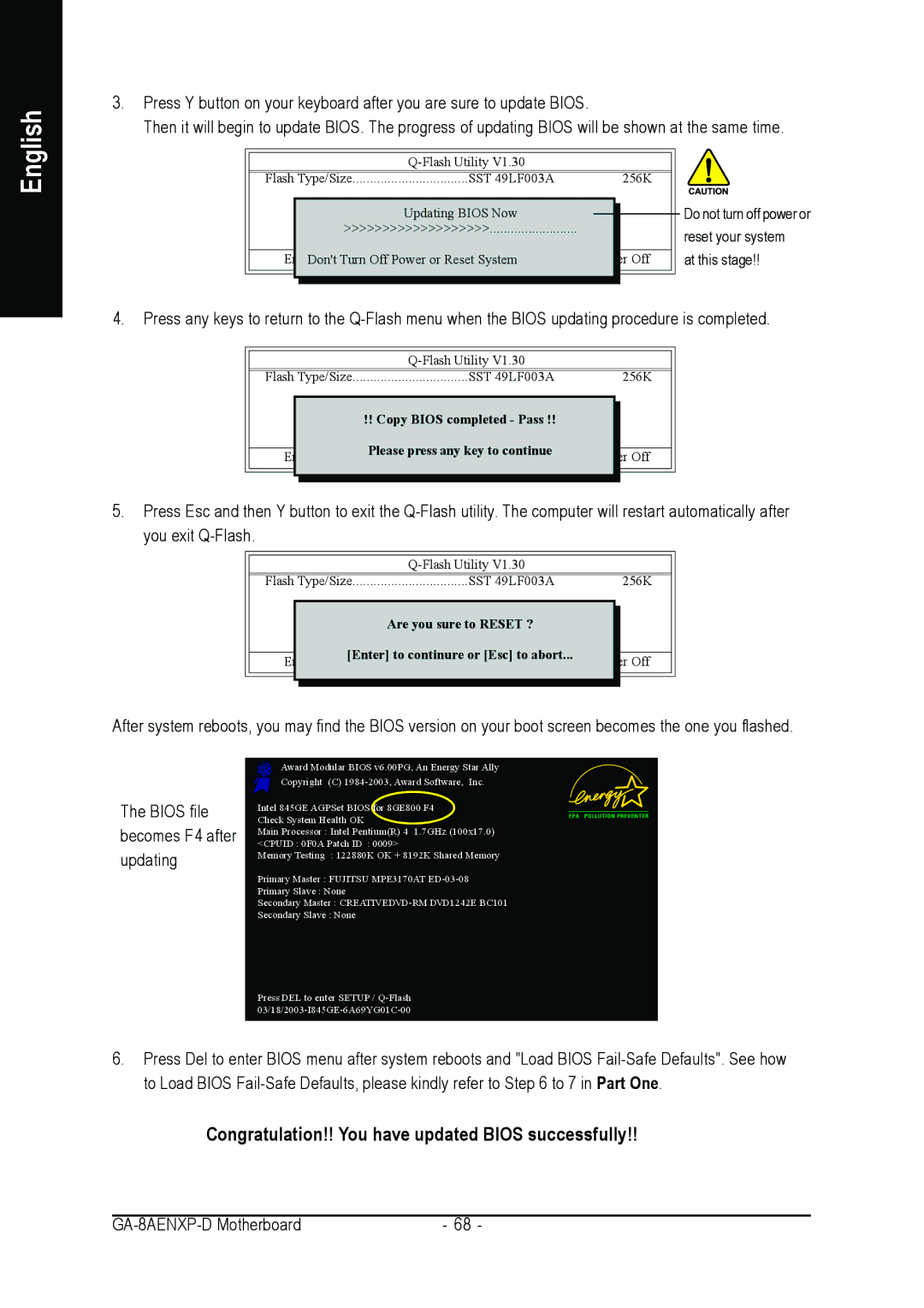 Gigabyte GA-8AENXP-D user manual Congratulation!! You have updated Bios successfully 