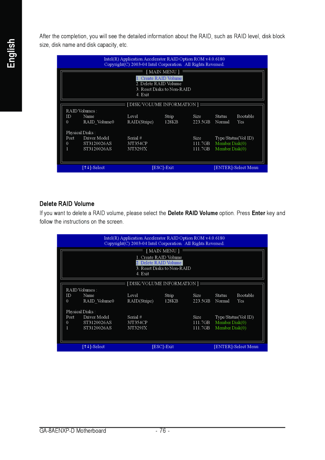 Gigabyte GA-8AENXP-D user manual Delete RAID Volume 