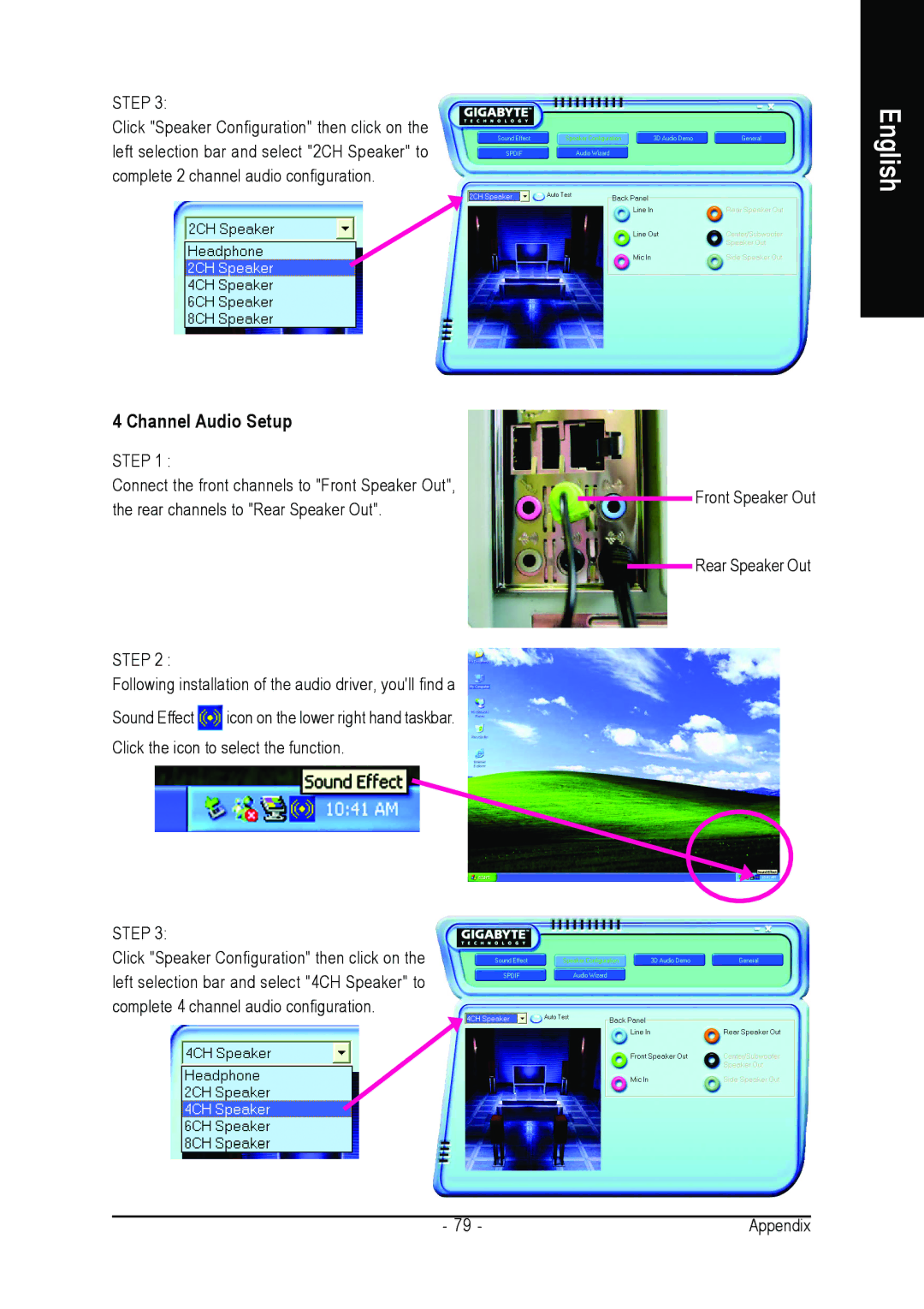 Gigabyte GA-8AENXP-D user manual Channel Audio Setup, Front Speaker Out Rear Speaker Out 