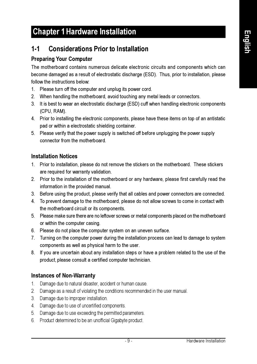 Gigabyte GA-8AENXP-D user manual Considerations Prior to Installation, Preparing Your Computer, Installation Notices 