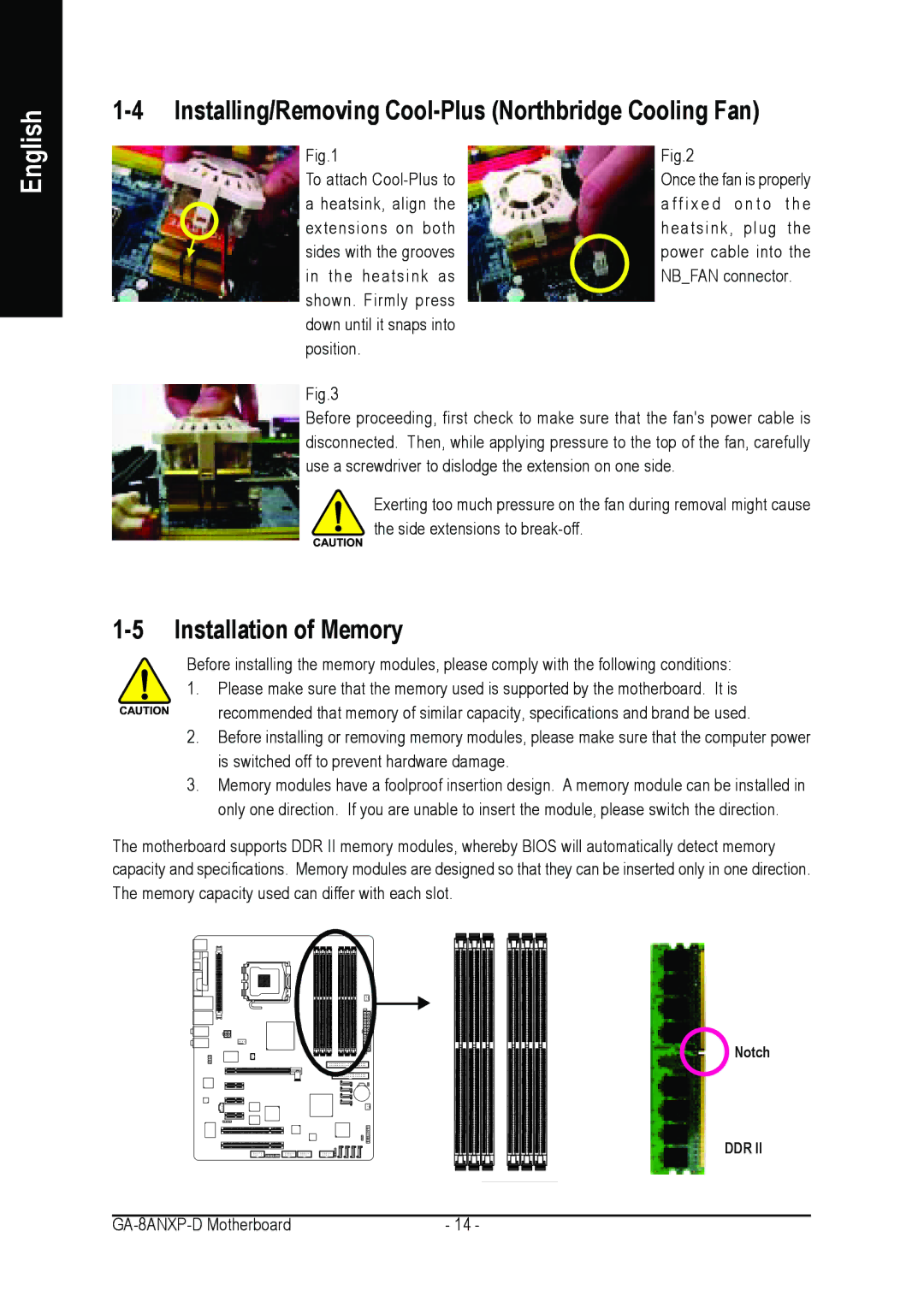 Gigabyte GA-8ANXP-D user manual Installing/Removing Cool-Plus Northbridge Cooling Fan, Installation of Memory 