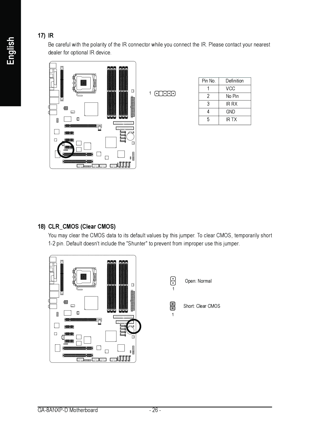 Gigabyte GA-8ANXP-D user manual 17 IR, Clrcmos Clear Cmos 