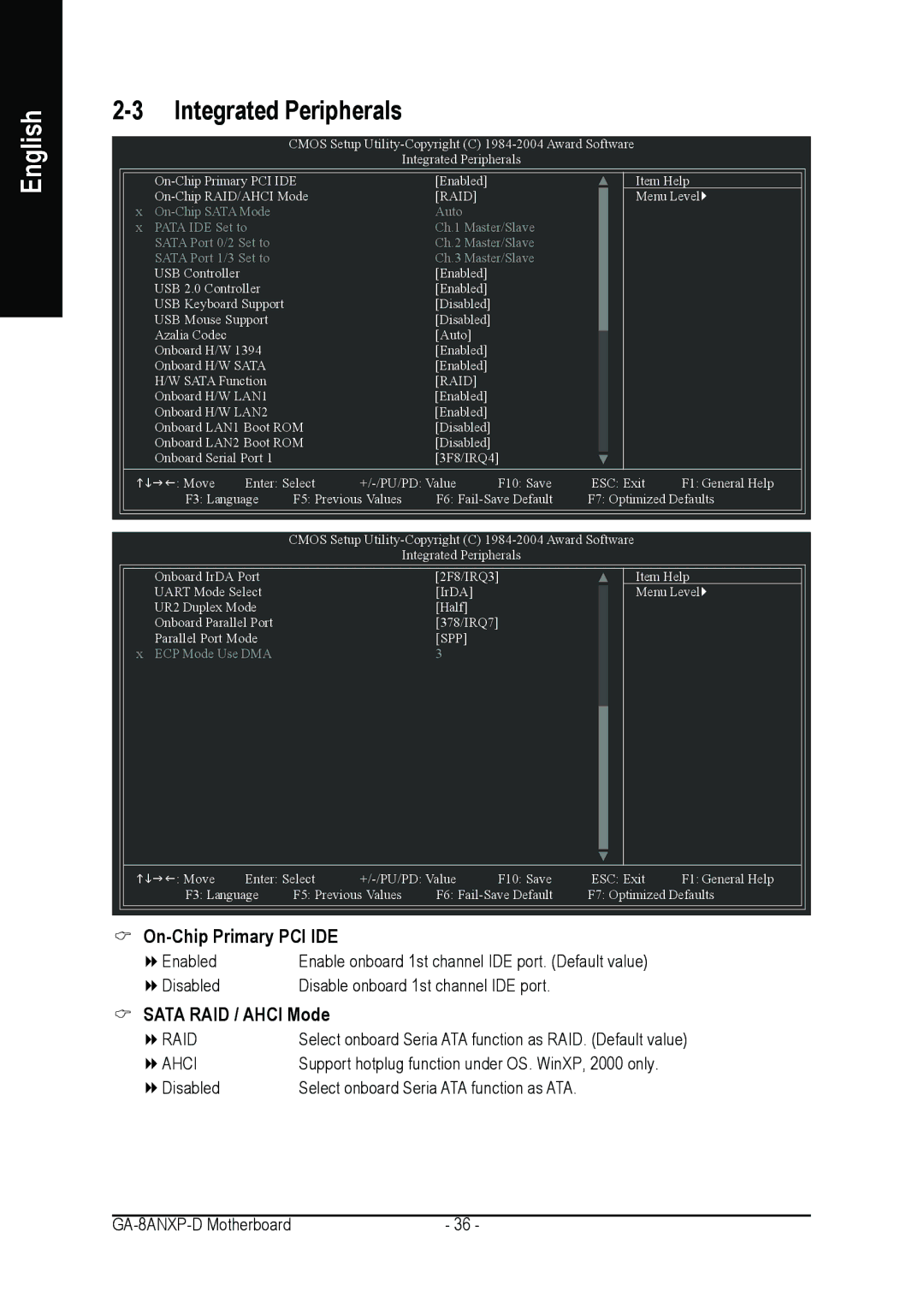 Gigabyte GA-8ANXP-D user manual Integrated Peripherals, On-Chip Primary PCI IDE, Sata RAID / Ahci Mode 