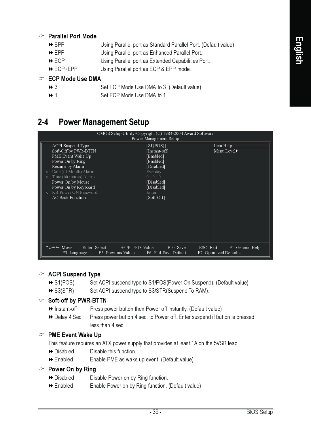 Gigabyte GA-8ANXP-D user manual Parallel Port Mode, ECP Mode Use DMA, PME Event Wake Up, Power On by Ring 