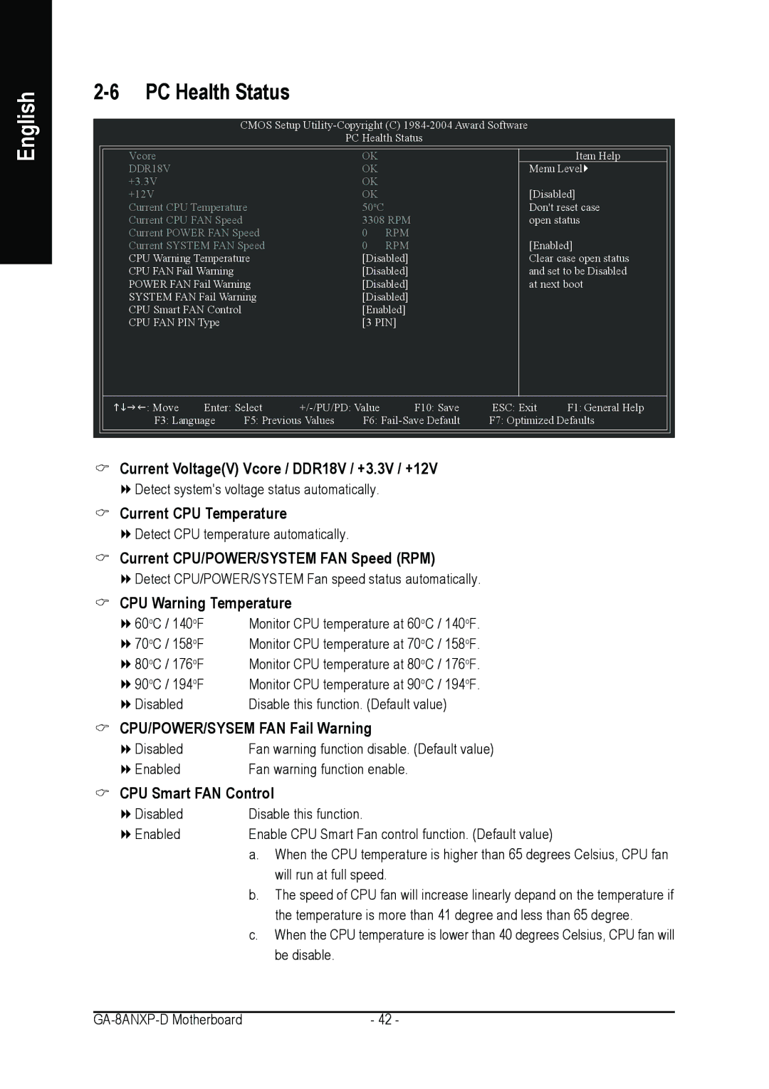 Gigabyte GA-8ANXP-D Current VoltageV Vcore / DDR18V / +3.3V / +12V, Current CPU Temperature, CPU Warning Temperature 