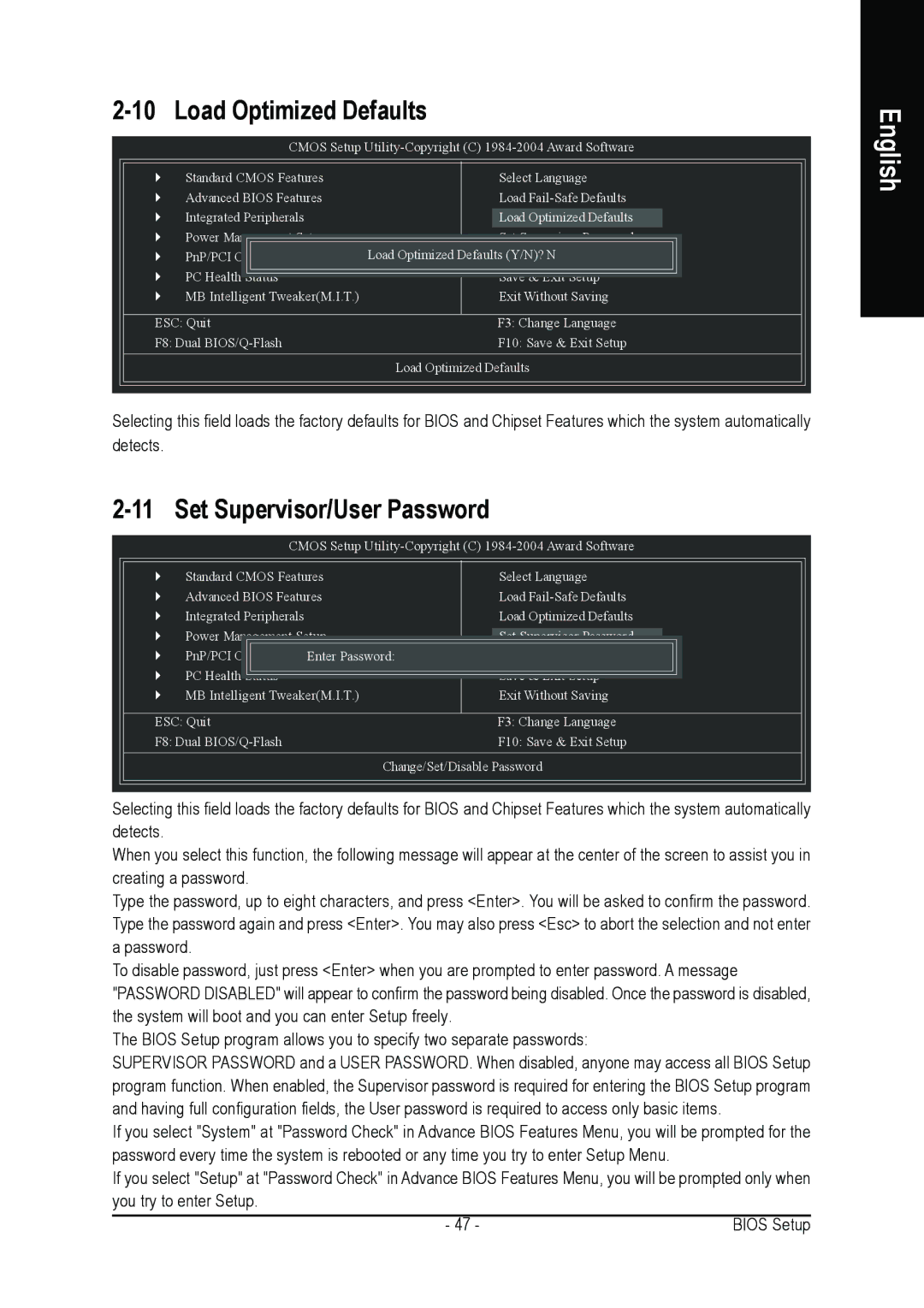 Gigabyte GA-8ANXP-D user manual Load Optimized Defaults, Set Supervisor/User Password 