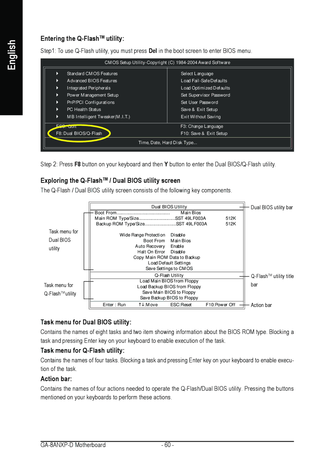 Gigabyte GA-8ANXP-D Entering the Q-FlashTMutility, Exploring the Q-FlashTM / Dual Bios utility screen, Action bar 