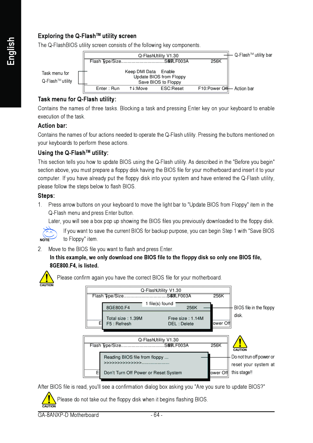 Gigabyte GA-8ANXP-D user manual Exploring the Q-FlashTMutility screen, English 