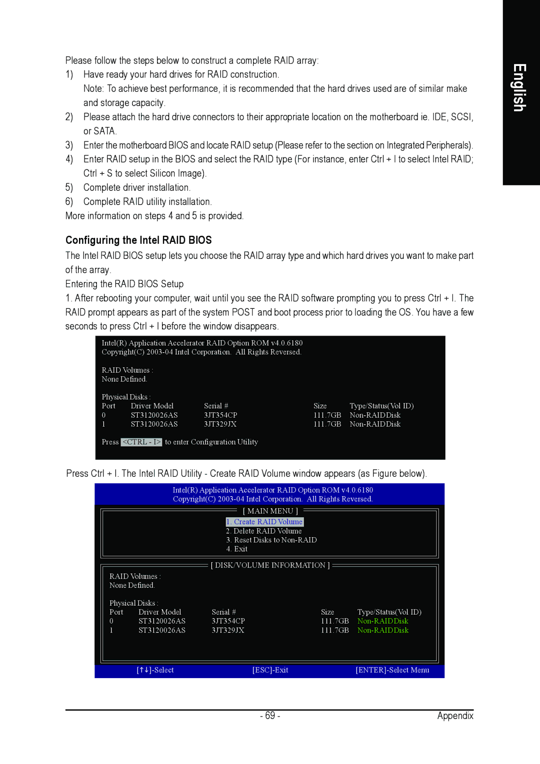 Gigabyte GA-8ANXP-D user manual Configuring the Intel RAID Bios, DISK/VOLUME Information 