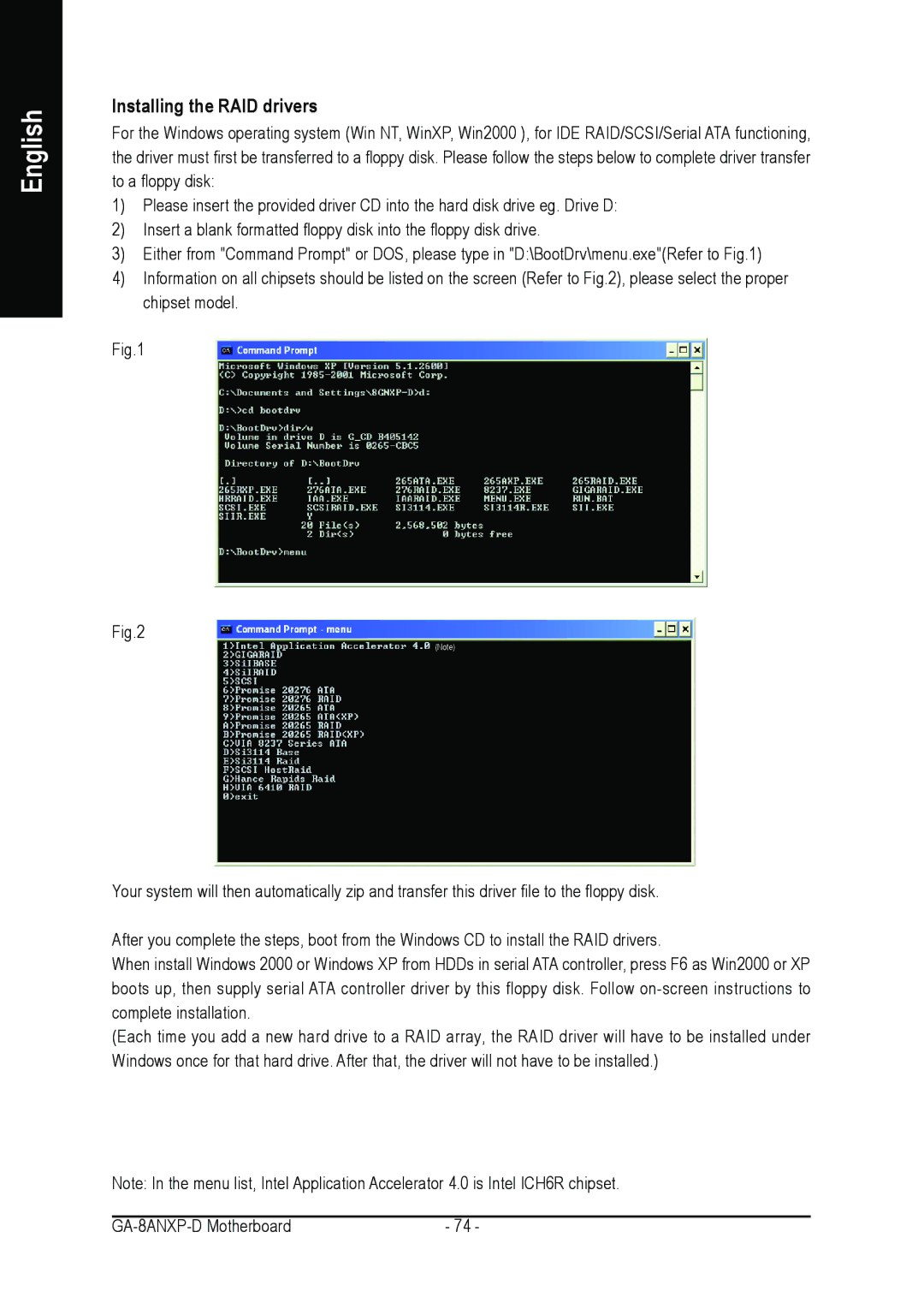 Gigabyte GA-8ANXP-D user manual Installing the RAID drivers 