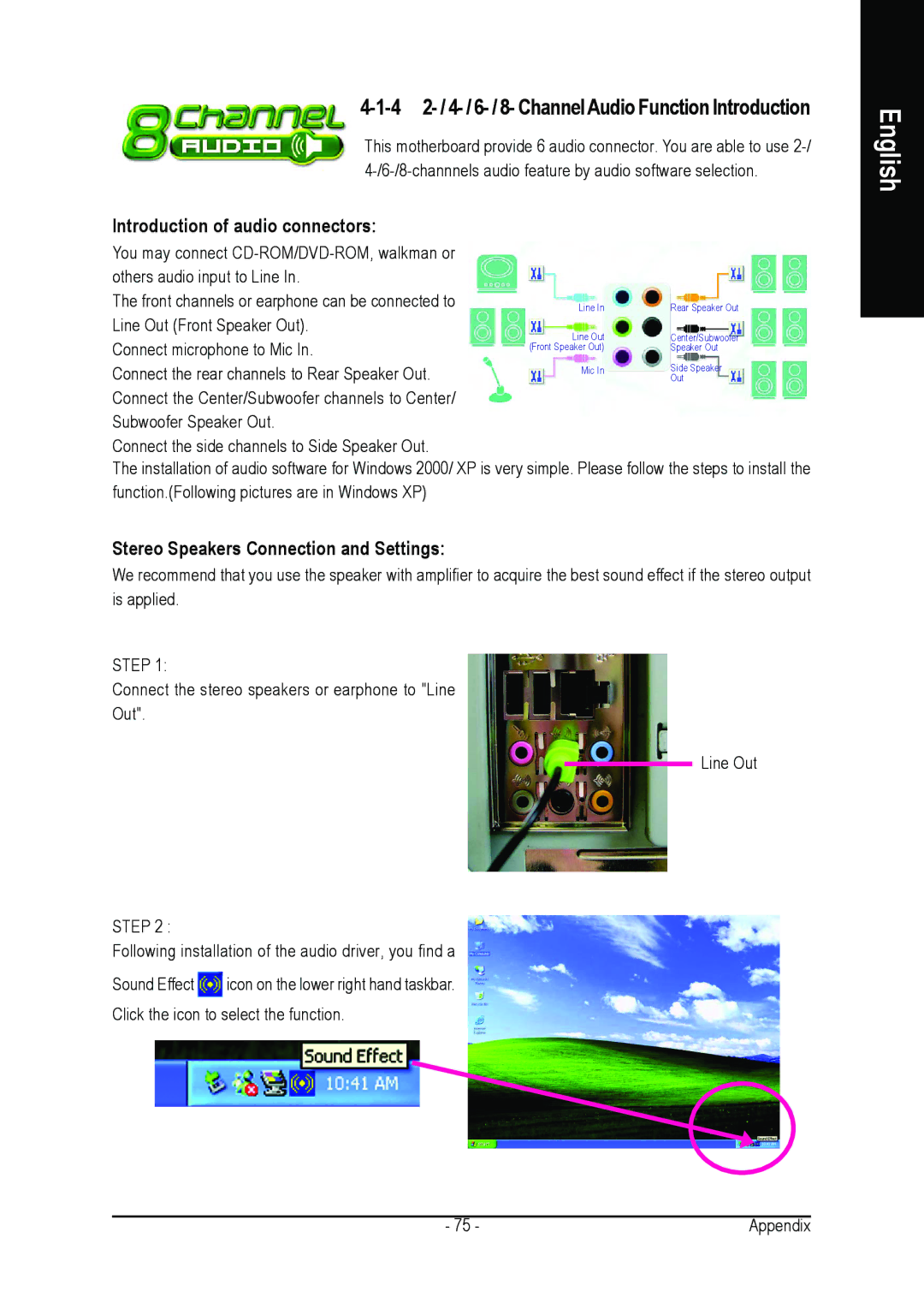 Gigabyte GA-8ANXP-D user manual Introduction of audio connectors, Stereo Speakers Connection and Settings 