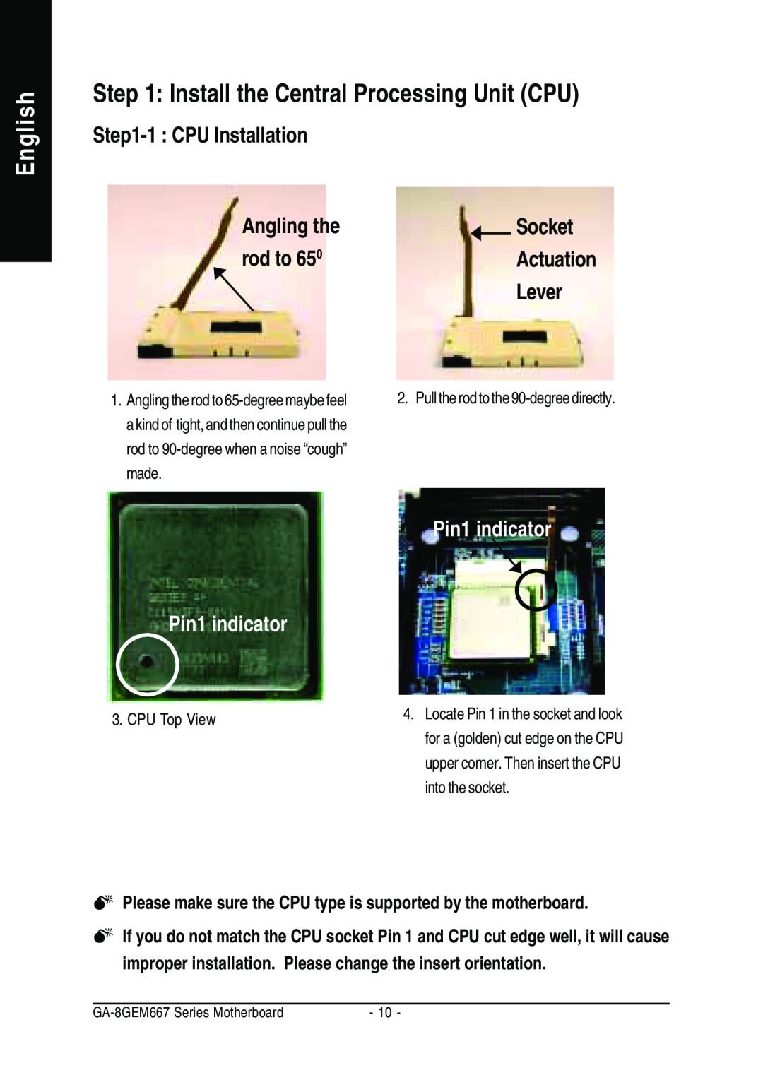 Gigabyte GA-8GEM667 Install the Central Processing Unit CPU, 1 CPU Installation, Angling the, Socket, rod to 65, Lever 