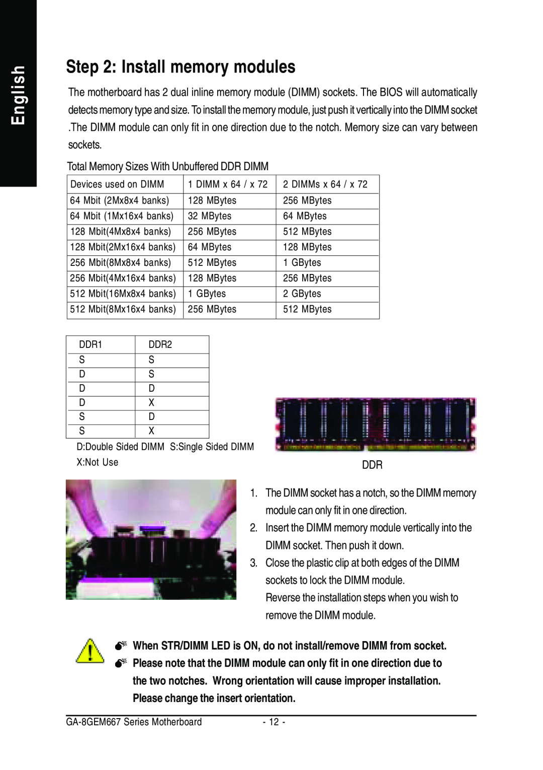 Gigabyte GA-8GEM667 manual Install memory modules, English, When STR/DIMM LED is ON, do not install/remove DIMM from socket 