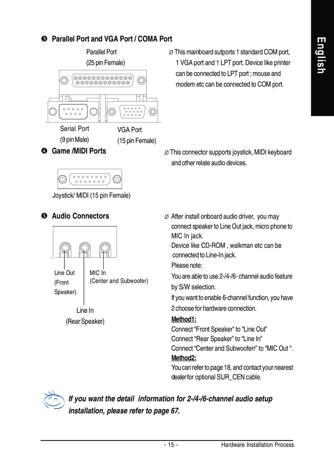 Gigabyte GA-8GEM667 manual English, $ Parallel Port and VGA Port / COMA Port, Audio Connectors 