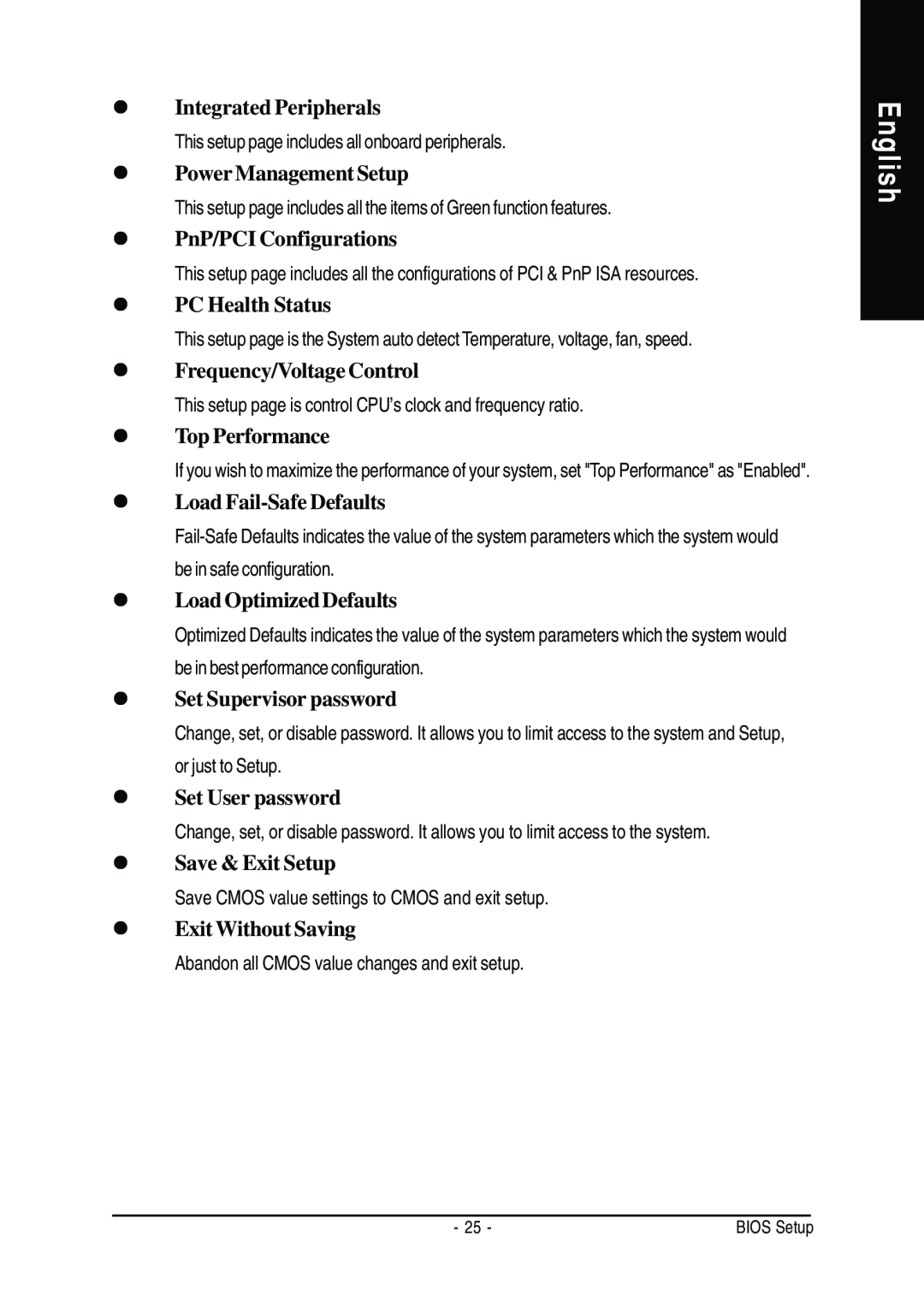 Gigabyte GA-8GEM667 English, Integrated Peripherals, Power Management Setup, PnP/PCI Configurations, PC Health Status 