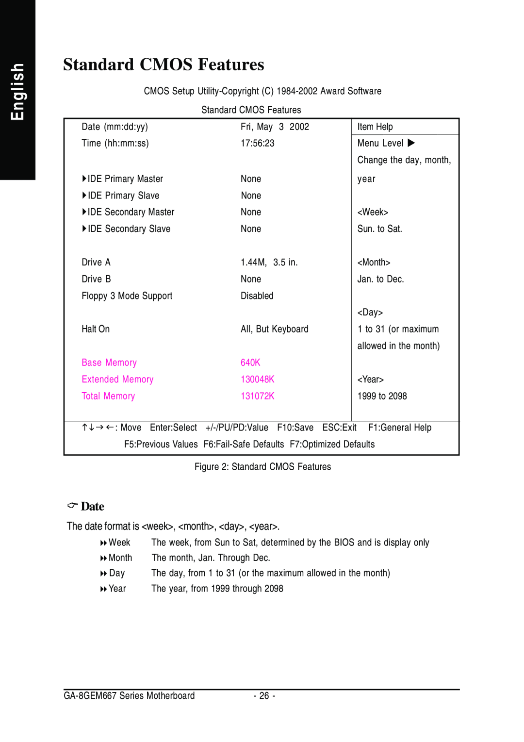 Gigabyte GA-8GEM667 manual Standard CMOS Features, English, Date 