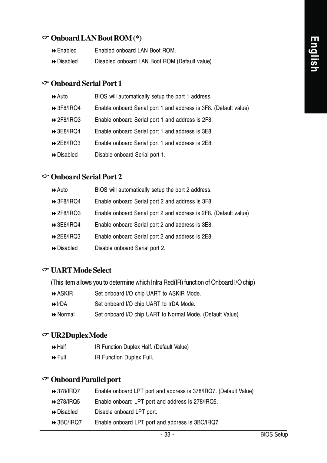 Gigabyte GA-8GEM667 manual English, Onboard LAN Boot ROM, Onboard Serial Port, UART Mode Select, UR2Duplex Mode 