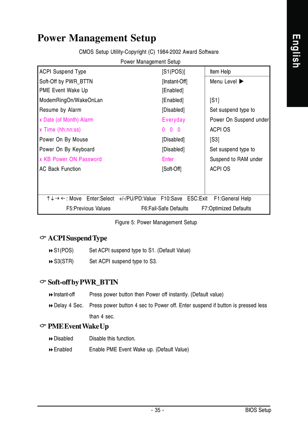 Gigabyte GA-8GEM667 manual Power Management Setup, English, ACPI Suspend Type, Soft-off by PWRBTTN, PMEEventWakeUp 