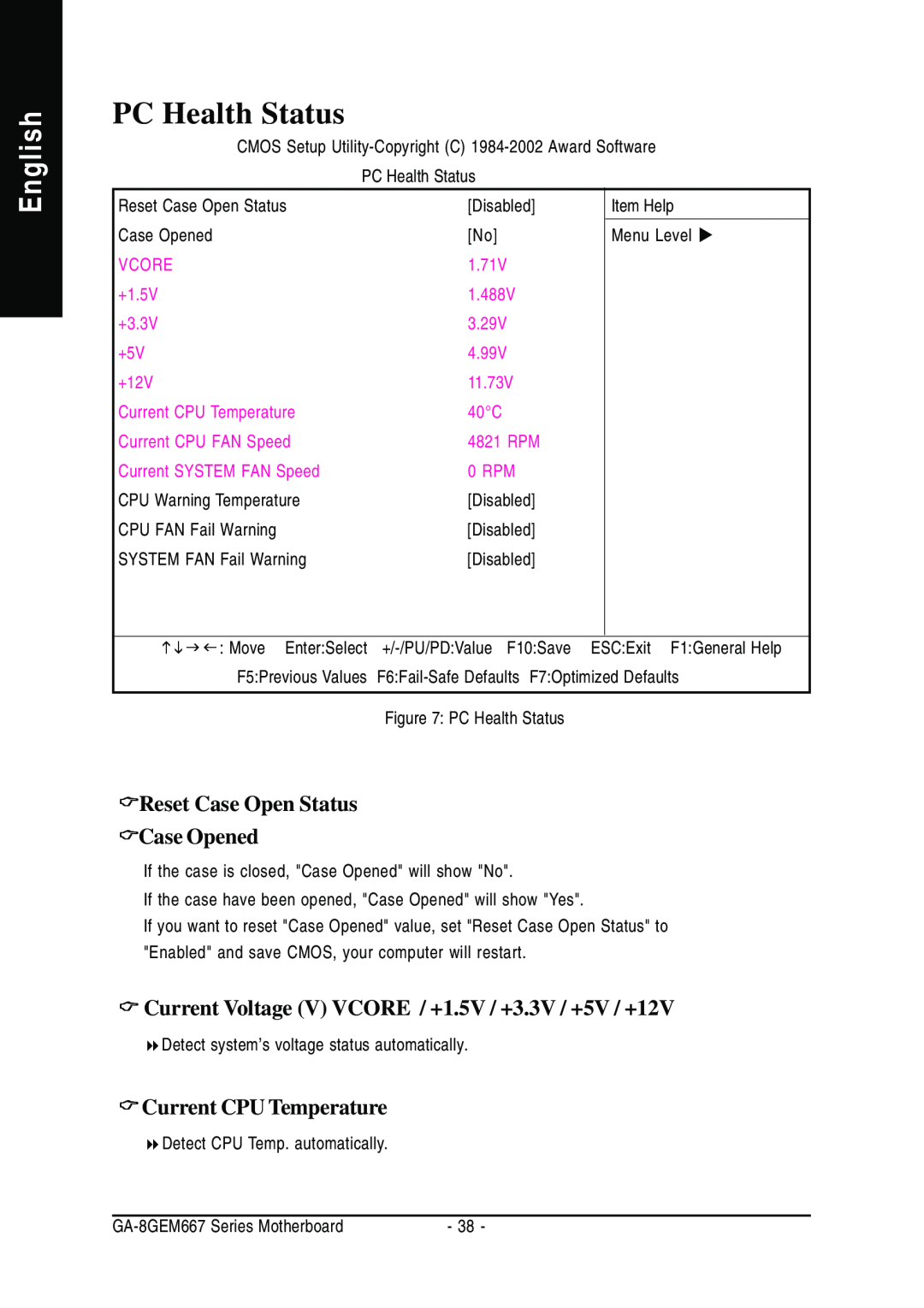 Gigabyte GA-8GEM667 manual PC Health Status, English, Reset Case Open Status Case Opened, Current CPU Temperature 