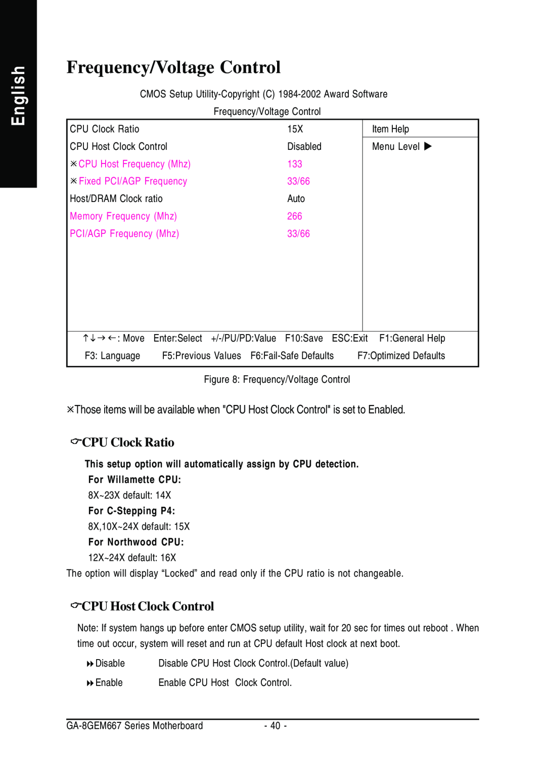 Gigabyte GA-8GEM667 manual Frequency/Voltage Control, English, CPU Clock Ratio, CPU Host Clock Control, For Willamette CPU 