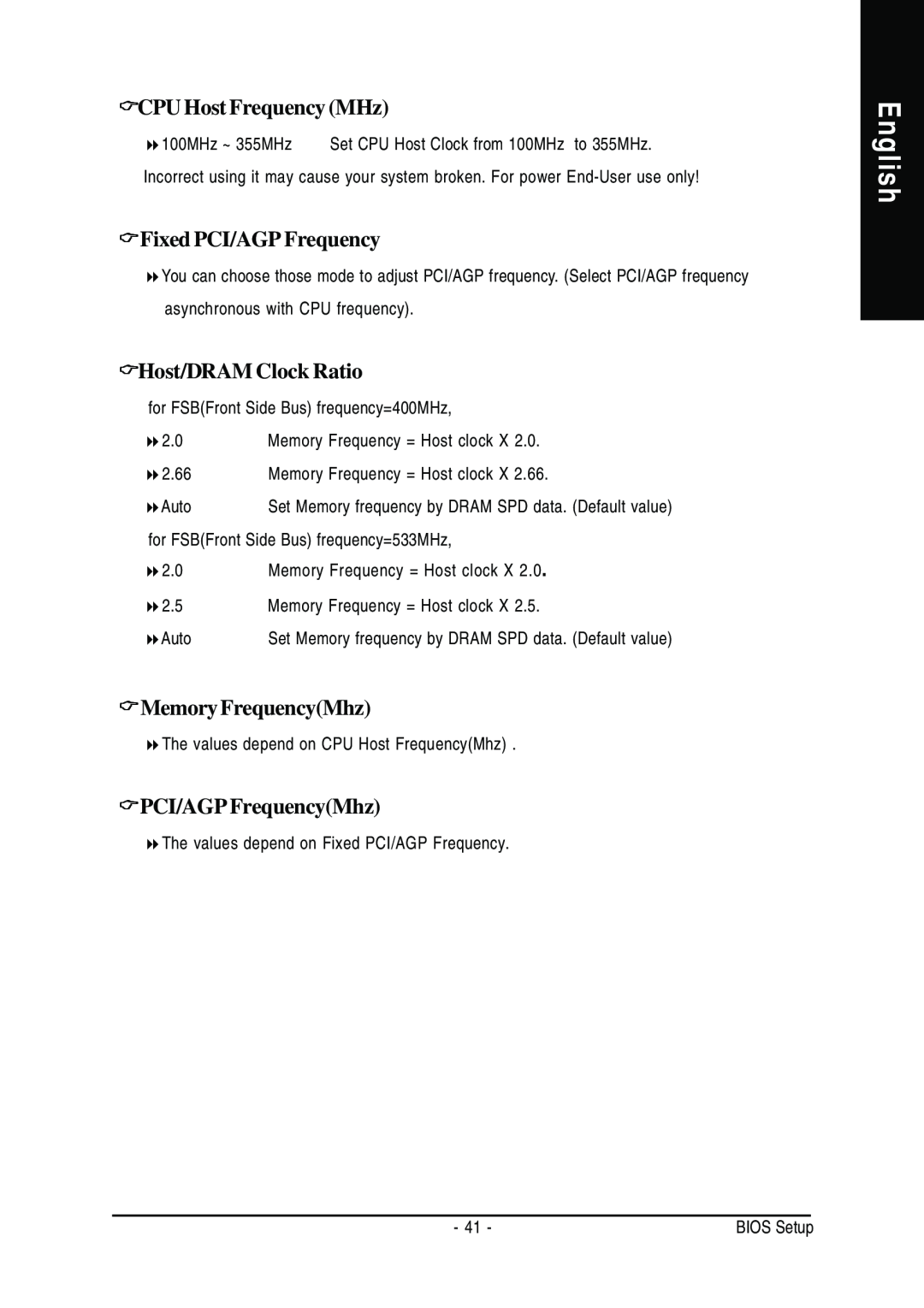 Gigabyte GA-8GEM667 English, CPU Host Frequency MHz, Fixed PCI/AGP Frequency, Host/DRAM Clock Ratio, Memory FrequencyMhz 