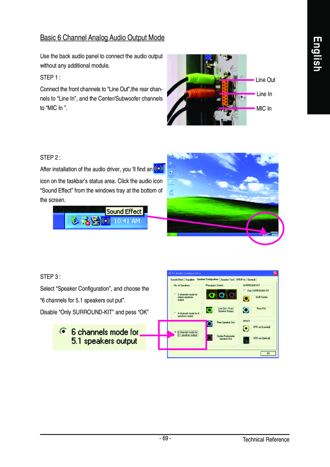 Gigabyte GA-8GEM667 manual English, Basic 6 Channel Analog Audio Output Mode, Line Out Line In 