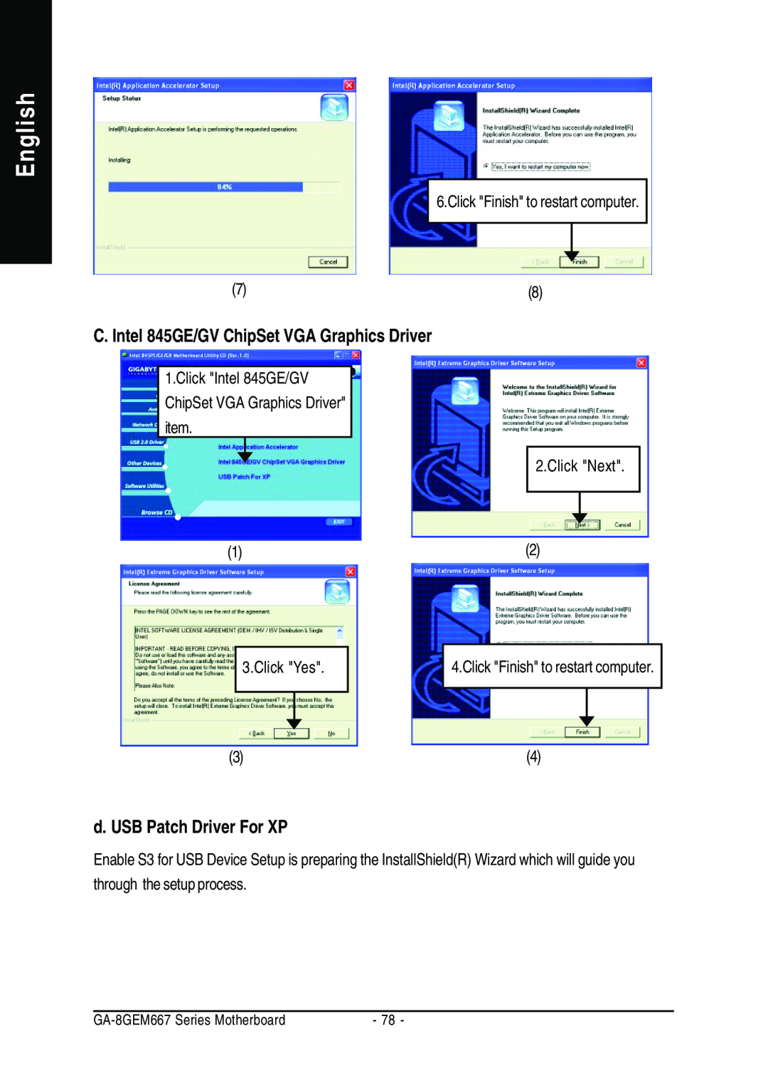 Gigabyte GA-8GEM667 manual English, C. Intel 845GE/GV ChipSet VGA Graphics Driver, d. USB Patch Driver For XP 