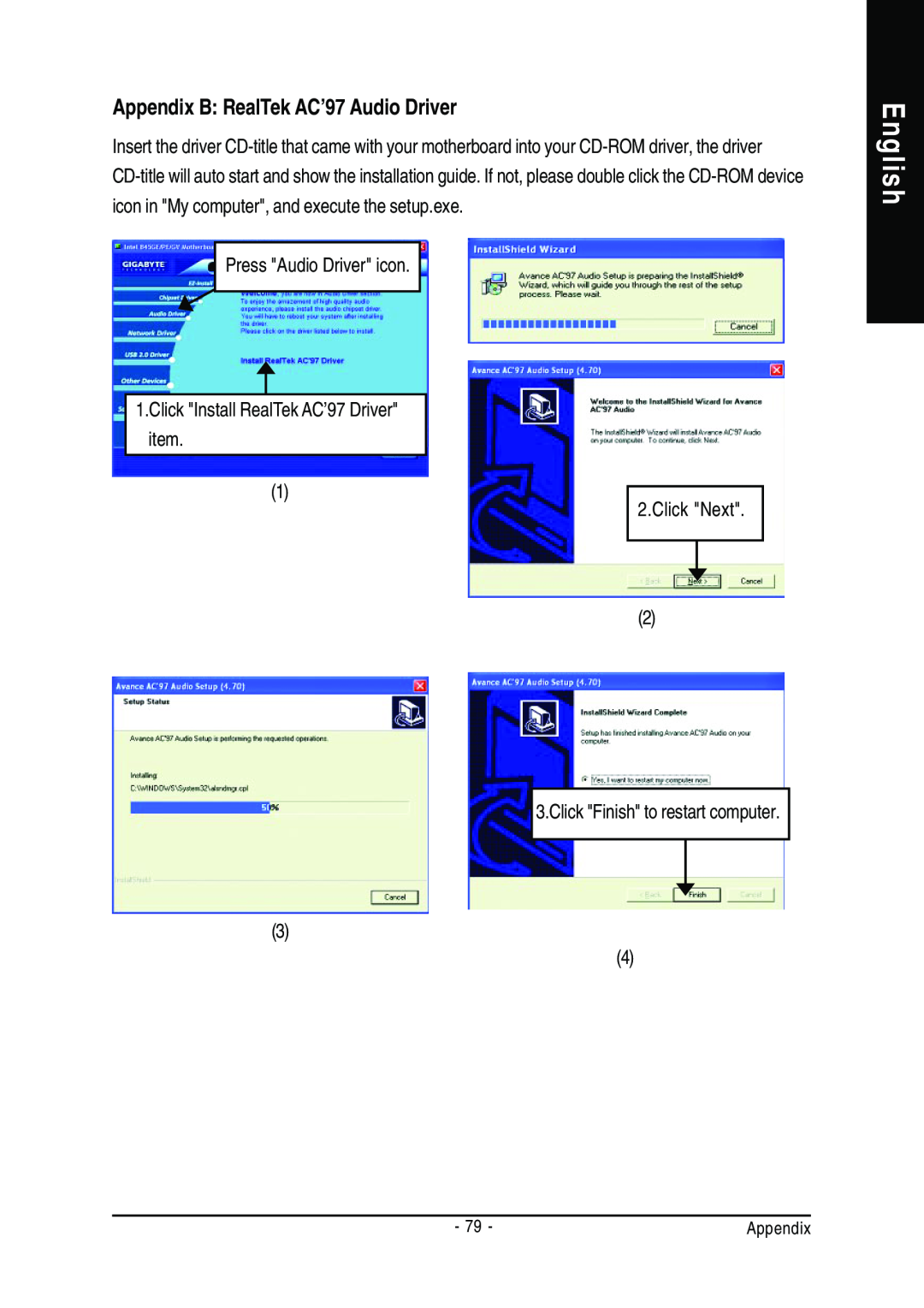 Gigabyte GA-8GEM667 manual English, Appendix B RealTek AC’97 Audio Driver 