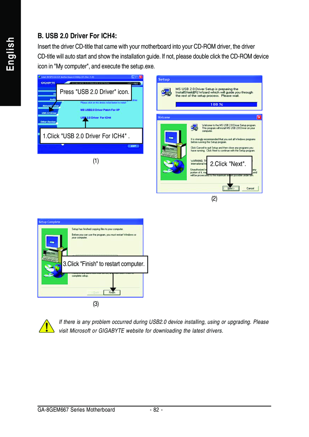Gigabyte GA-8GEM667 manual English, B. USB 2.0 Driver For ICH4 