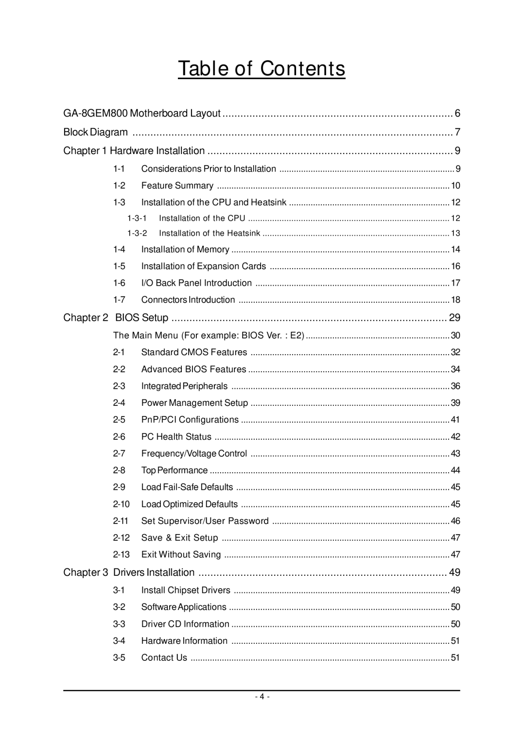 Gigabyte GA-8GEM800 user manual Table of Contents 