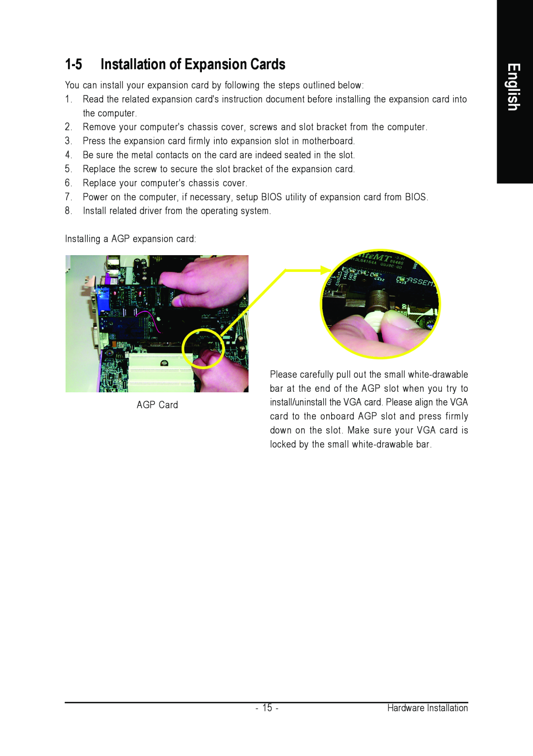 Gigabyte GA-8I845GE775-G user manual Installation of Expansion Cards, English 