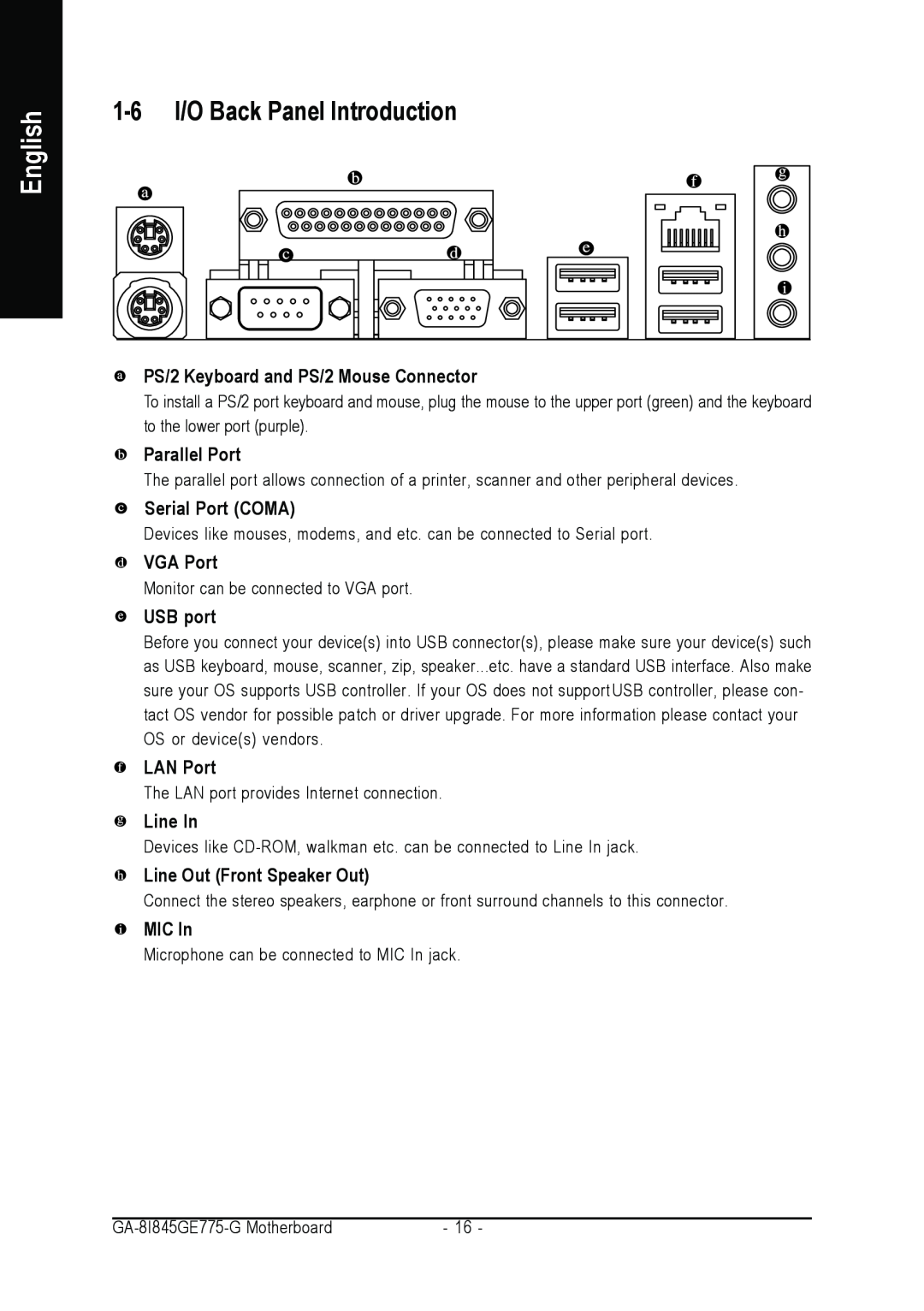 Gigabyte GA-8I845GE775-G 1-6 I/O Back Panel Introduction, PS/2 Keyboard and PS/2 Mouse Connector, Parallel Port, VGA Port 