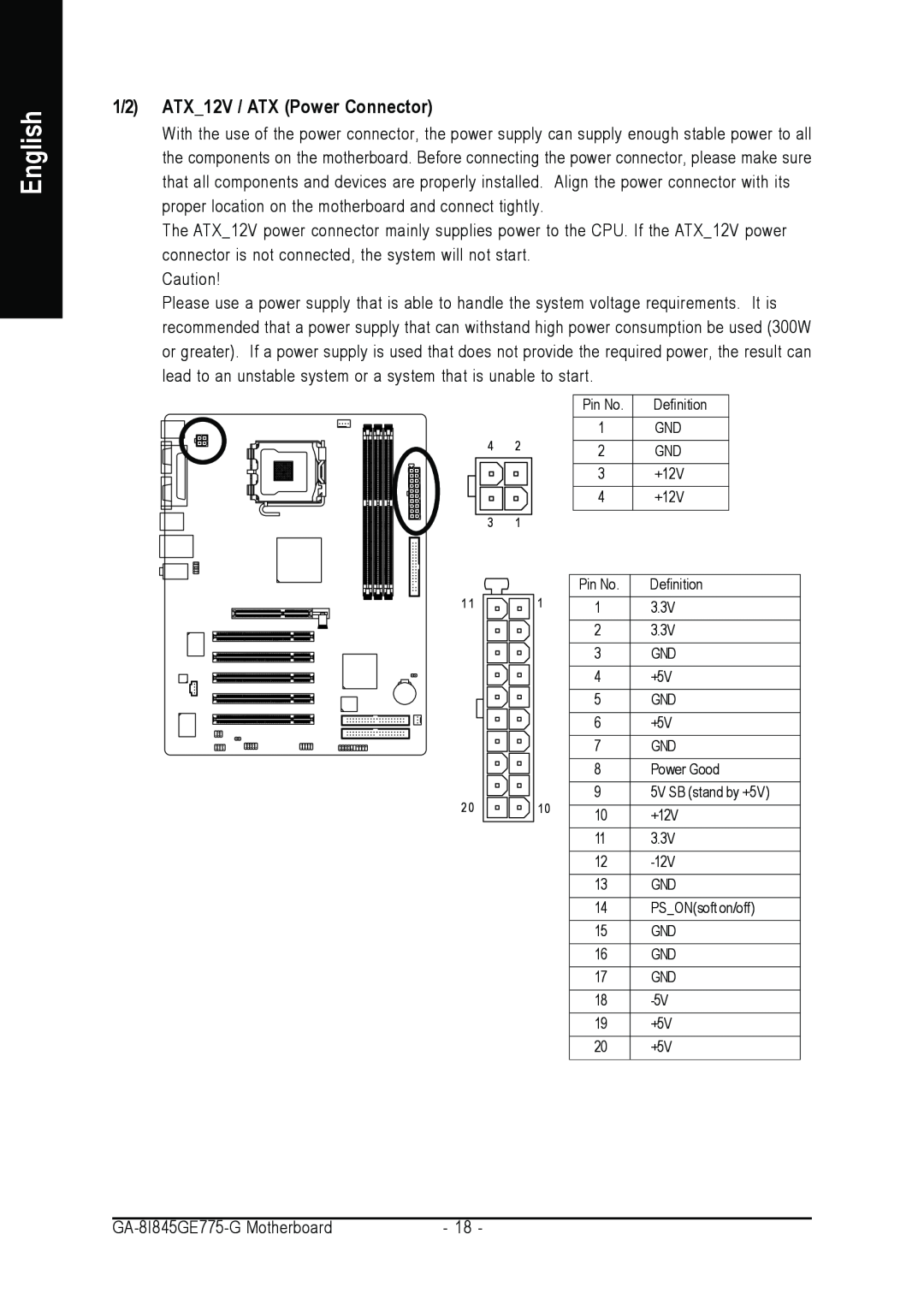 Gigabyte GA-8I845GE775-G user manual 1/2 ATX12V / ATX Power Connector, English, 111 2010, Pin No 