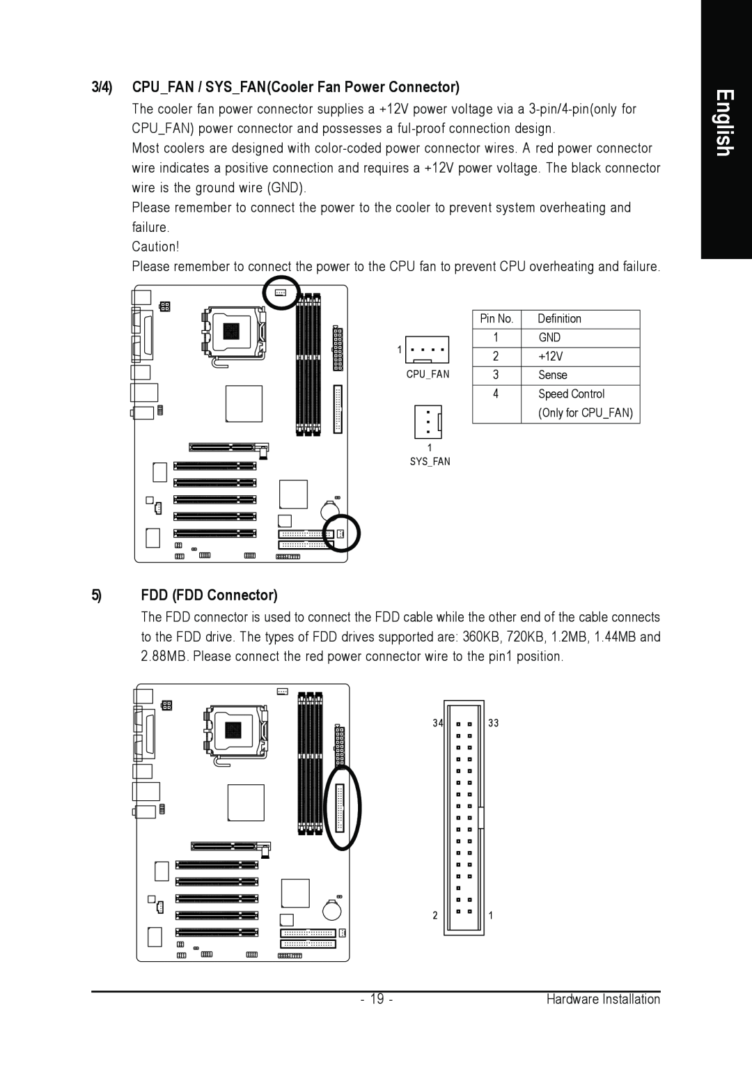 Gigabyte GA-8I845GE775-G user manual 3/4 CPUFAN / SYSFANCooler Fan Power Connector, FDD FDD Connector, English, Sysfan 
