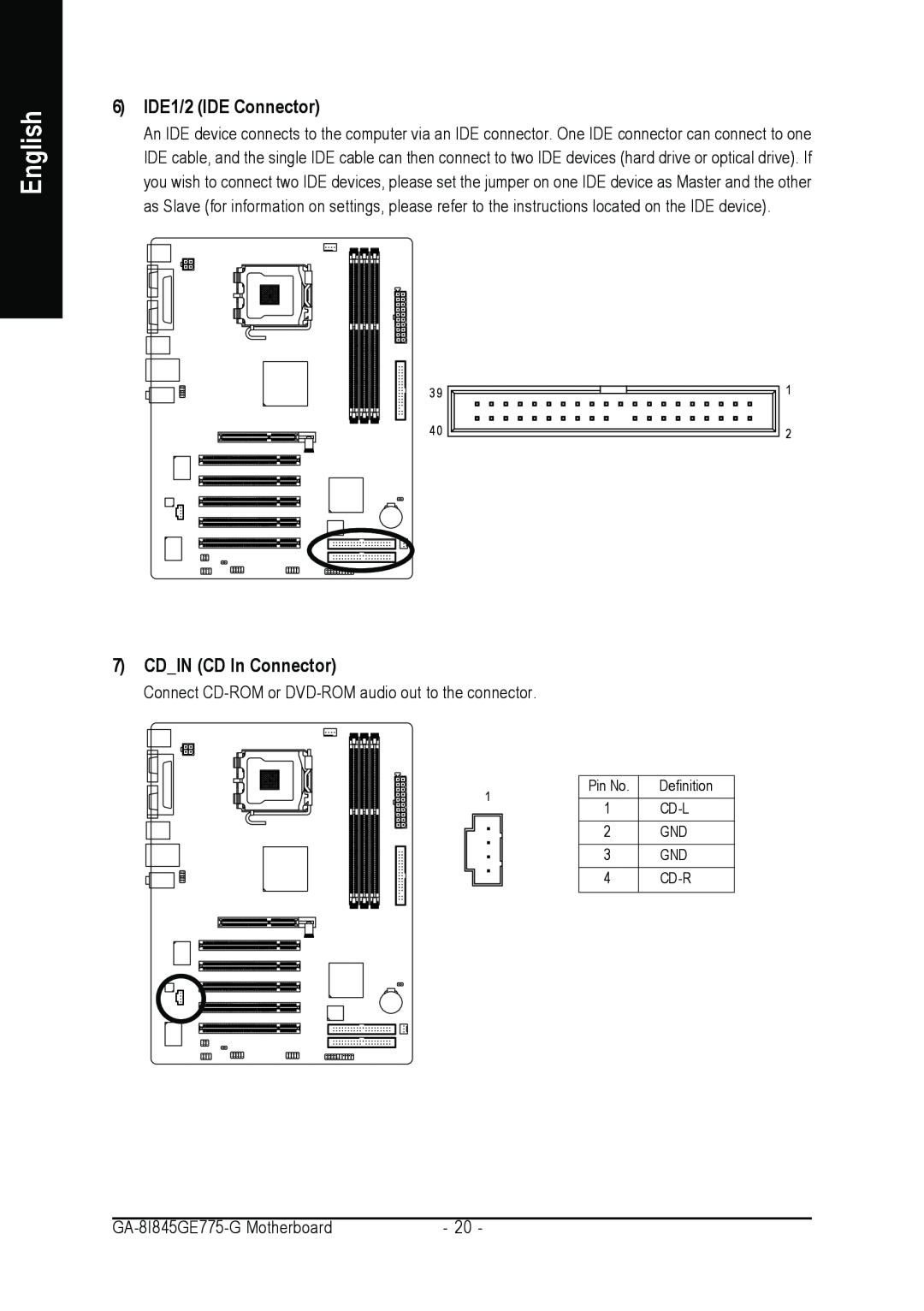 Gigabyte GA-8I845GE775-G user manual 6 IDE1/2 IDE Connector, CDIN CD In Connector, English, Pin No, Definition, Cd-L, Cd-R 