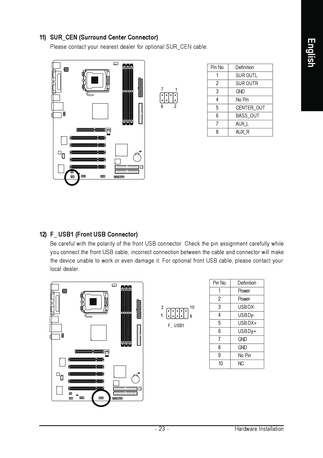 Gigabyte GA-8I845GE775-G user manual SURCEN Surround Center Connector, F USB1 Front USB Connector, English 