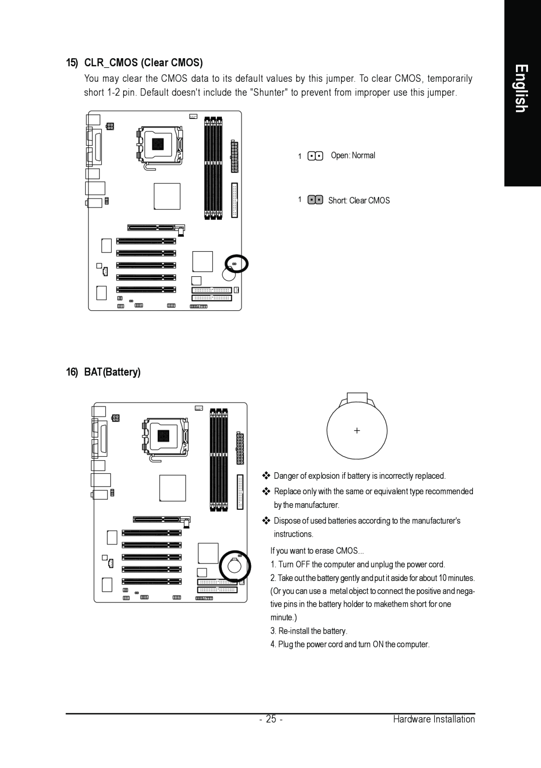 Gigabyte GA-8I845GE775-G user manual CLRCMOS Clear CMOS, BATBattery, English 